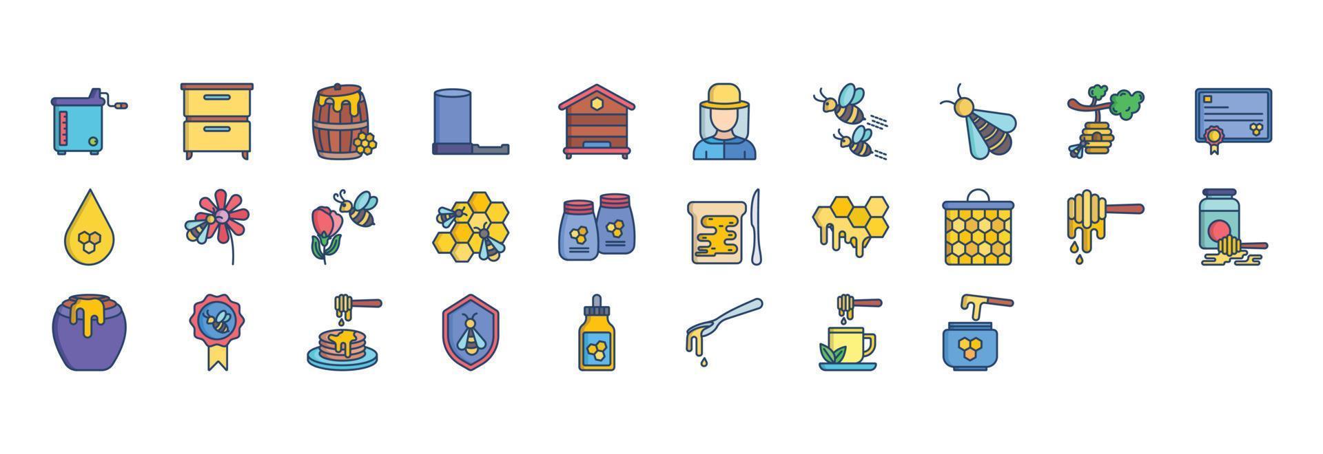 Collection of icons related to Honey bee farming, including icons like Apiary, Barrel, Drop and more. vector illustrations, Pixel Perfect set