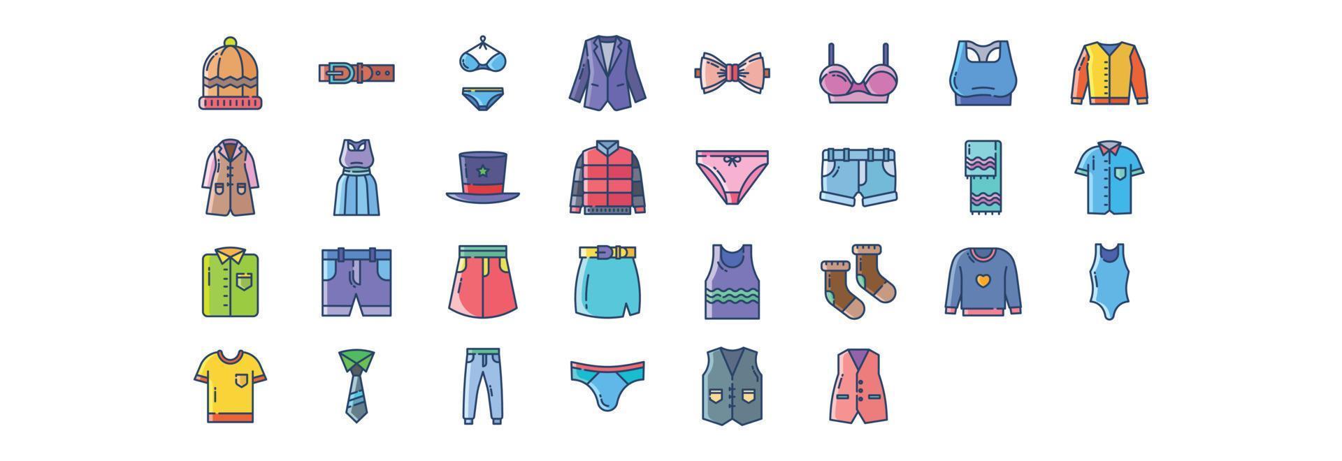 Collection of icons related to Clothes and dress, including icons like Beanie, Belt, Blazer, Bow and more. vector illustrations, Pixel Perfect set