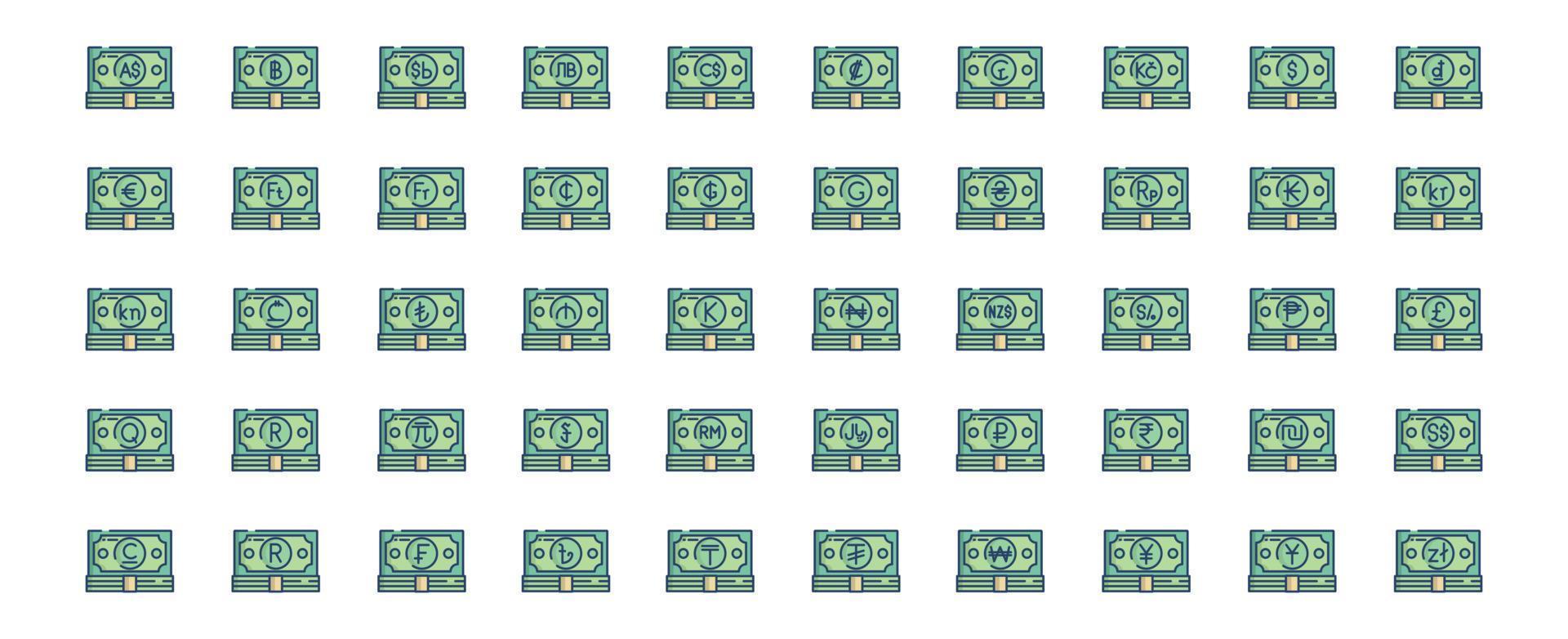 Collection of icons related to Currency and money, including icons like Dollar, Euro, Yen,  and more. vector illustrations, Pixel Perfect set