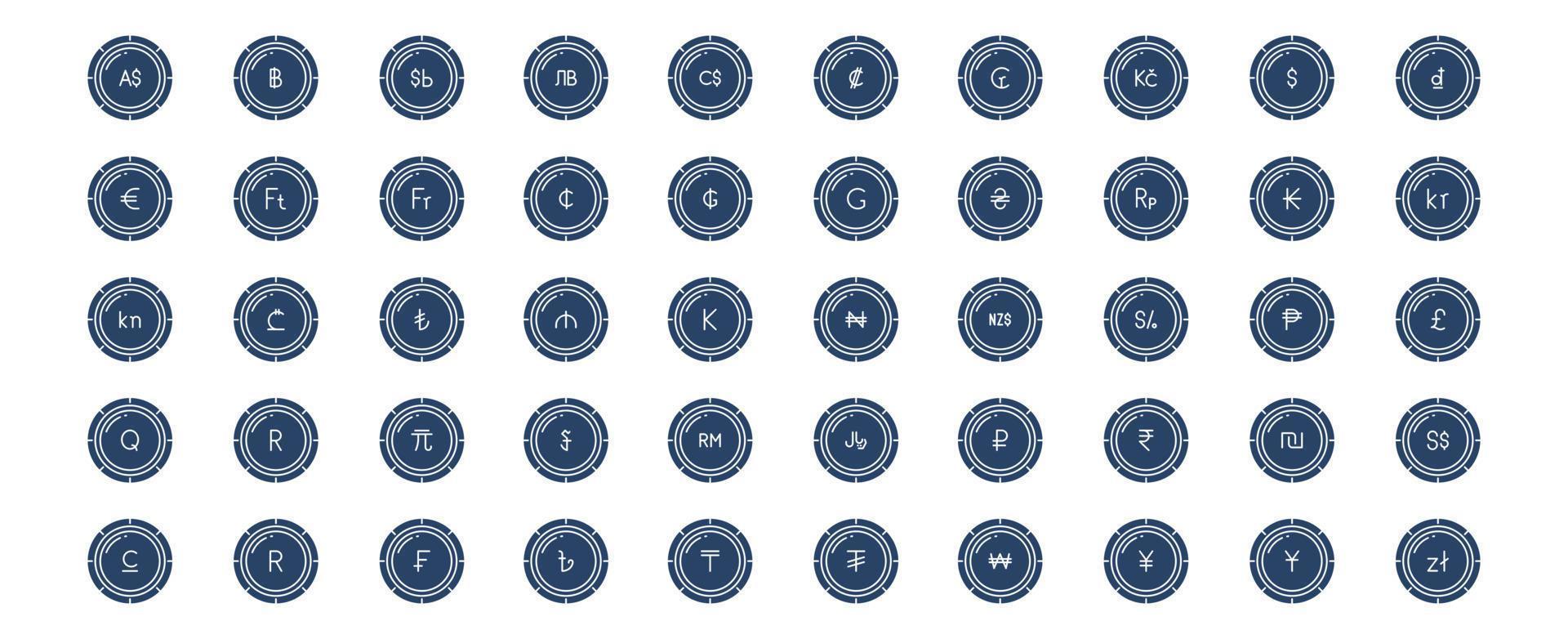 Collection of icons related to Currency coins, including icons like Dollar, Euro, Yen,  and more. vector illustrations, Pixel Perfect set