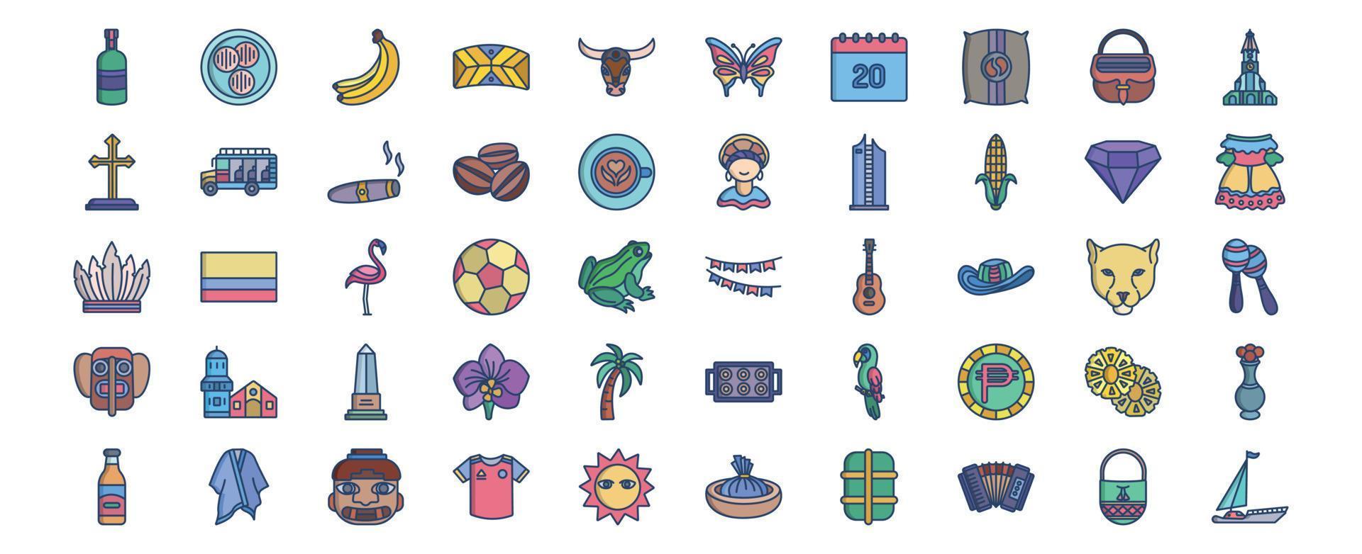 Collection of icons related to Colombia, including icons like Arepa, Cigar and more. vector illustrations, Pixel Perfect set