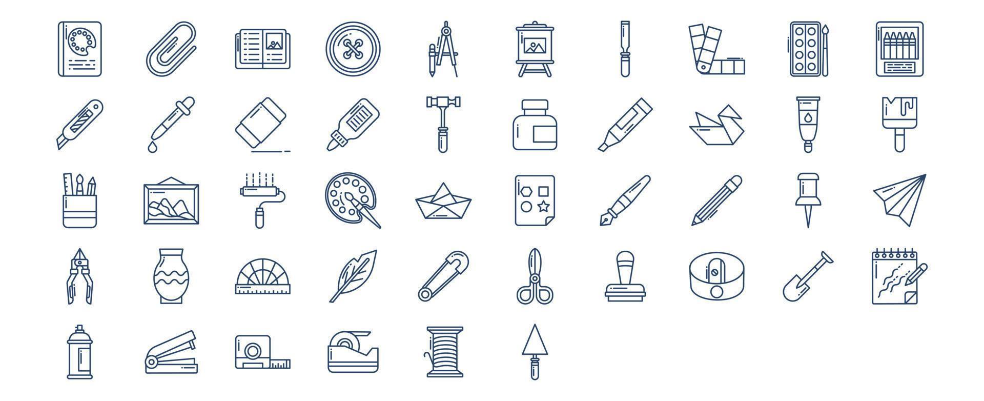 Collection of icons related to Craft and tools, including icons like Book, Attach, crayons,  Drop and more. vector illustrations, Pixel Perfect set