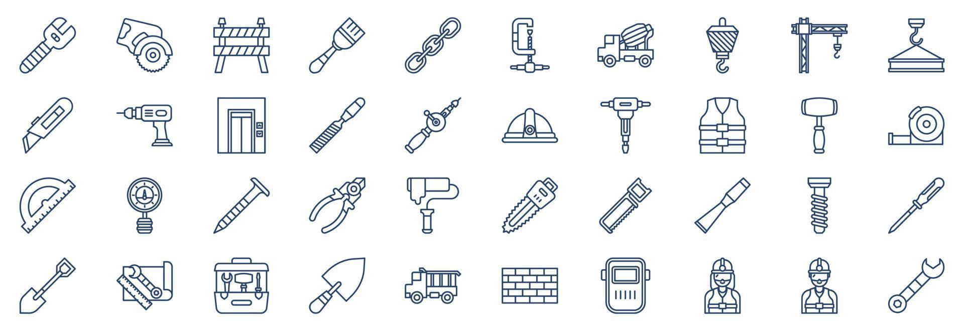 colección de íconos relacionados con herramientas de construcción, incluidos íconos como llave inglesa, barrera, cadena y más. ilustraciones vectoriales, conjunto perfecto de píxeles vector