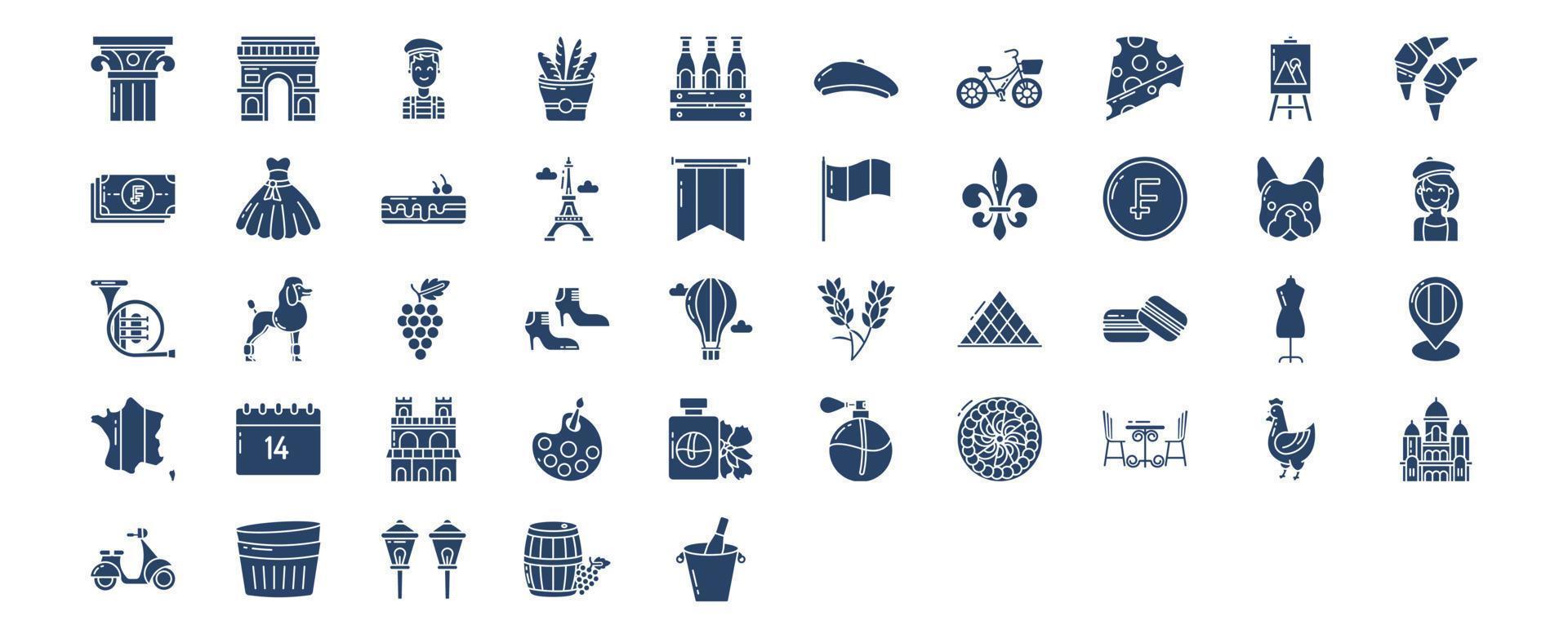 Collection of icons related to France, including icons like Artist, Bar, Perfume, Ancient Pillar and more. vector illustrations, Pixel Perfect set