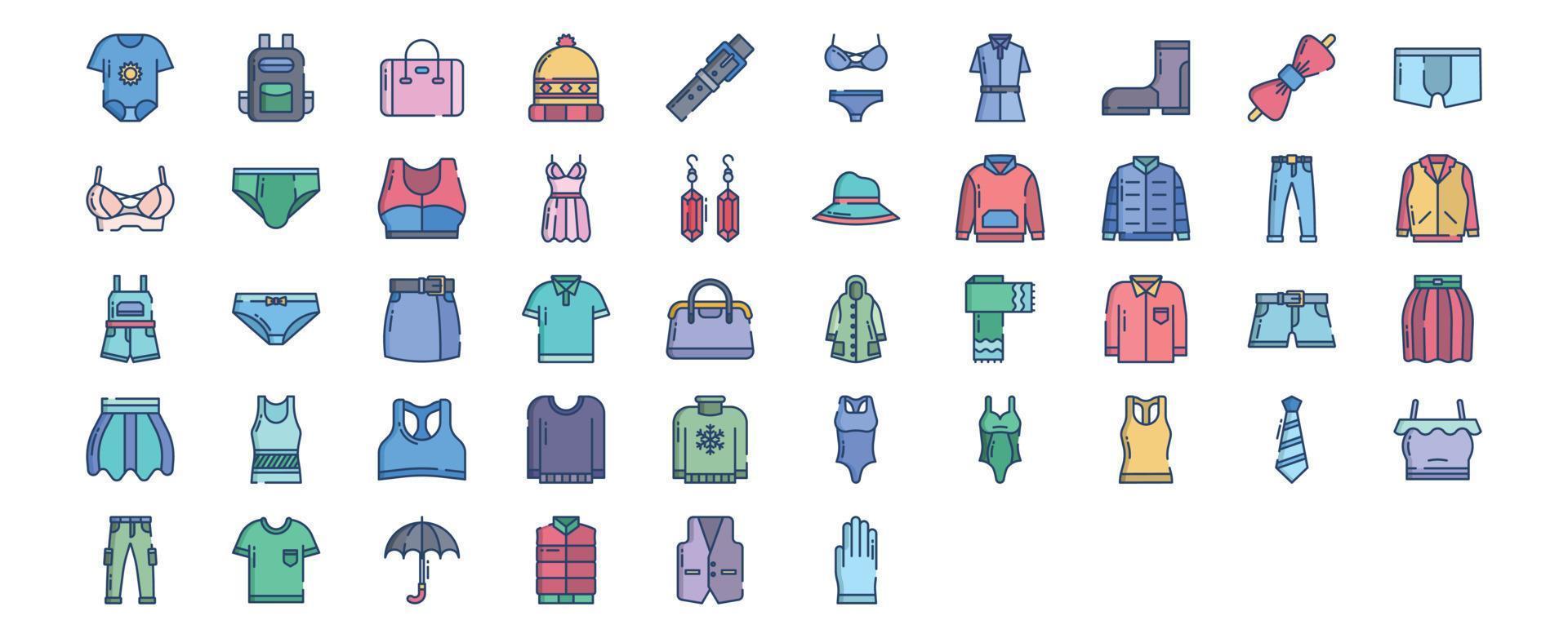 colección de íconos relacionados con la moda y la ropa, incluidos íconos como mochila, vestido, gorro, bolso y más. ilustraciones vectoriales, conjunto perfecto de píxeles vector