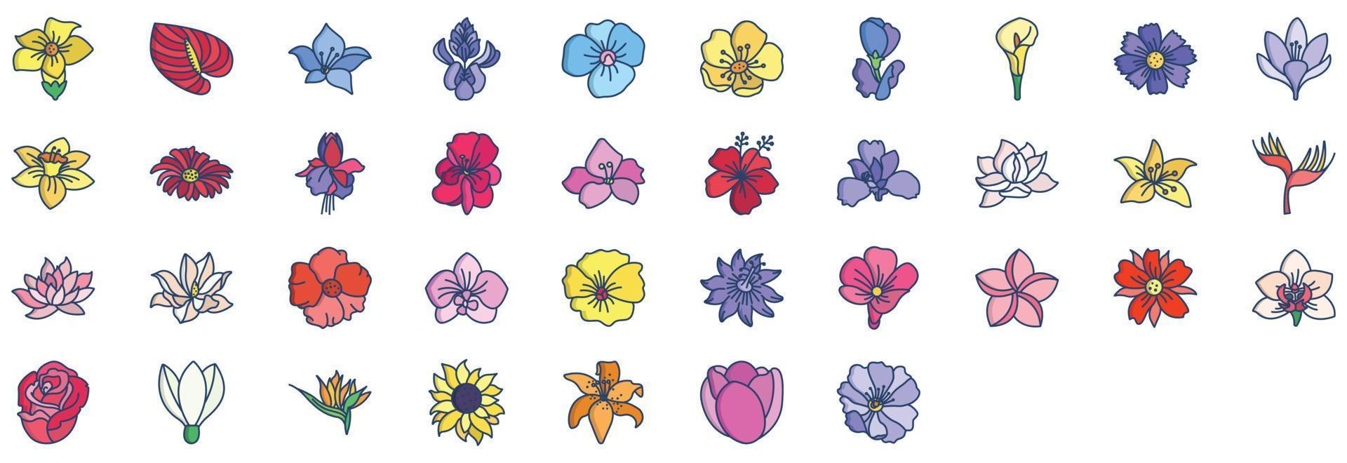 colección de íconos relacionados con las flores, incluidos íconos como iris, amapola, campanilla blanca, rosa y más. ilustraciones vectoriales, conjunto perfecto de píxeles vector