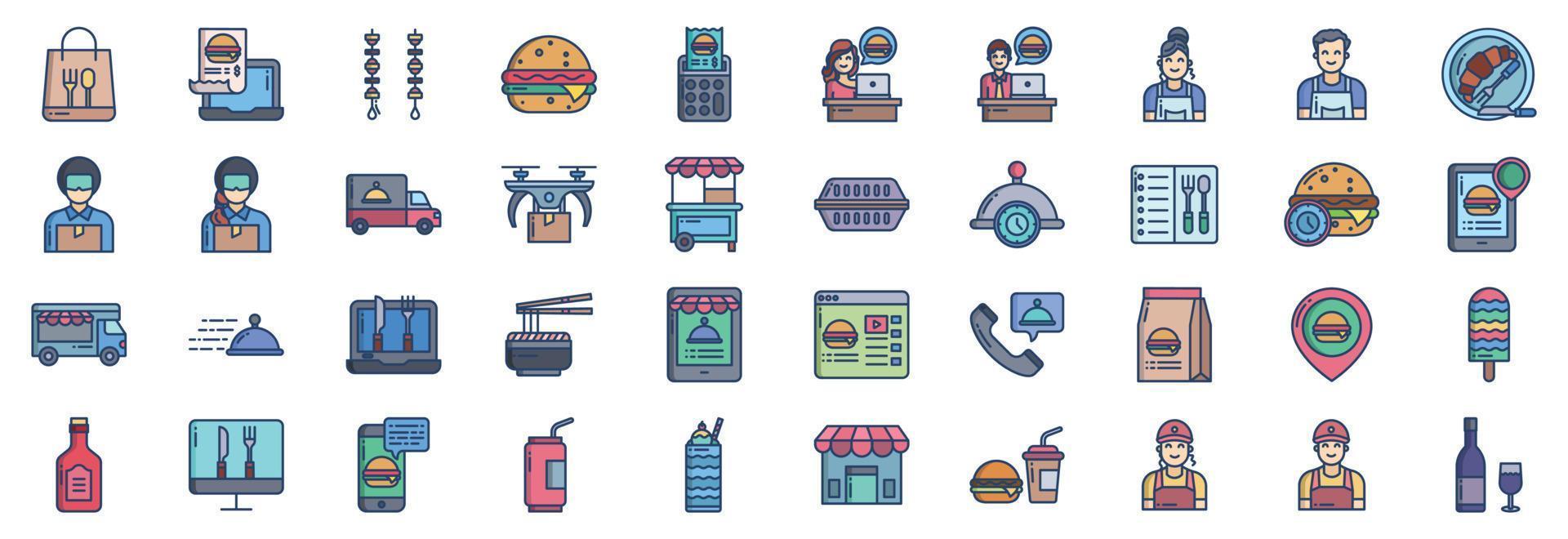 colección de íconos relacionados con la comida y la entrega, incluidos íconos como hamburguesas, fideos, chef y más. ilustraciones vectoriales, conjunto perfecto de píxeles vector