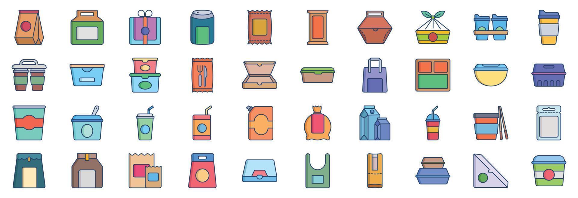 colección de íconos relacionados con el empaque de alimentos, incluidos íconos como paquete de hamburguesas, paquete de botellas, paquete de papas fritas y más. ilustraciones vectoriales, conjunto perfecto de píxeles vector