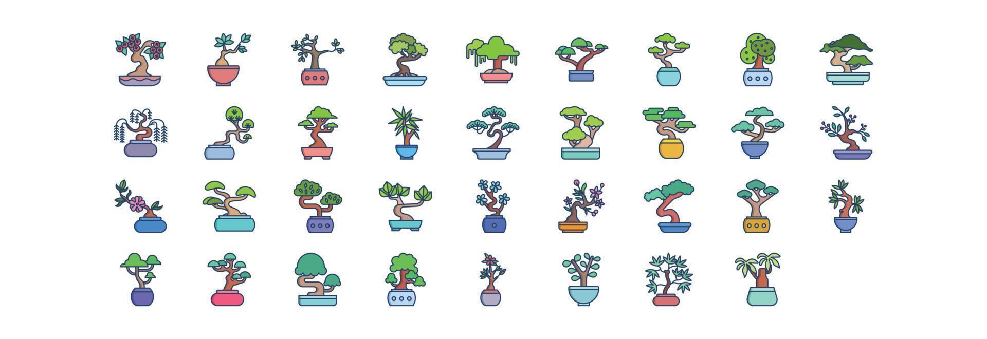 Collection of icons related to Bonsai Tree, including icons like Baobab, Jade,  and more. vector illustrations, Pixel Perfect set