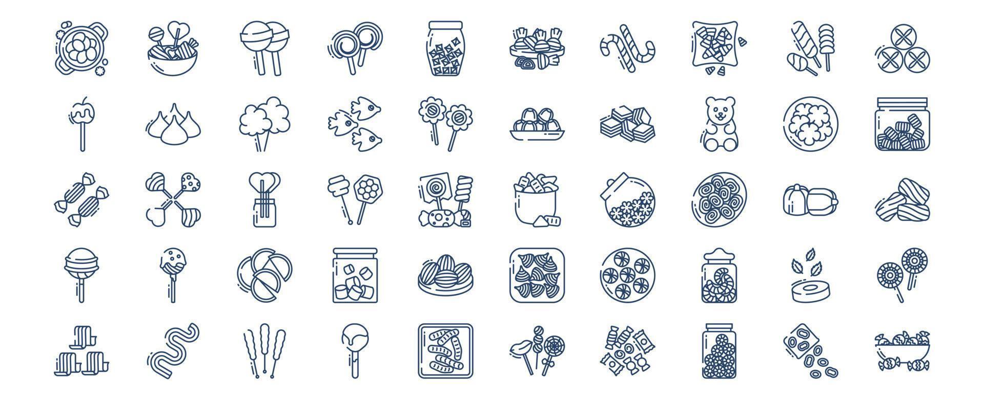 Collection of icons related to Candies and sweets, including icons like ball lollipop, Candy and more. vector illustrations, Pixel Perfect set