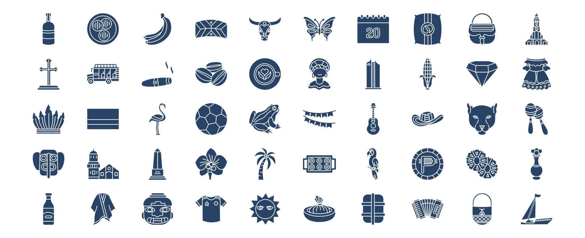 Collection of icons related to Colombia, including icons like Arepa, Cigar and more. vector illustrations, Pixel Perfect set