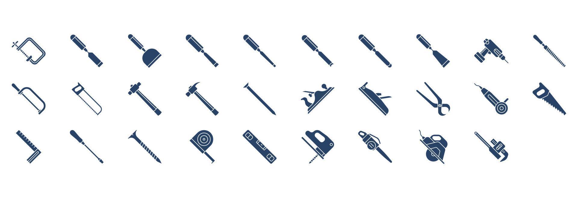 Collection of icons related to Carpentry tools, including icons like Clipper, Cutting tool, File and more. vector illustrations, Pixel Perfect set