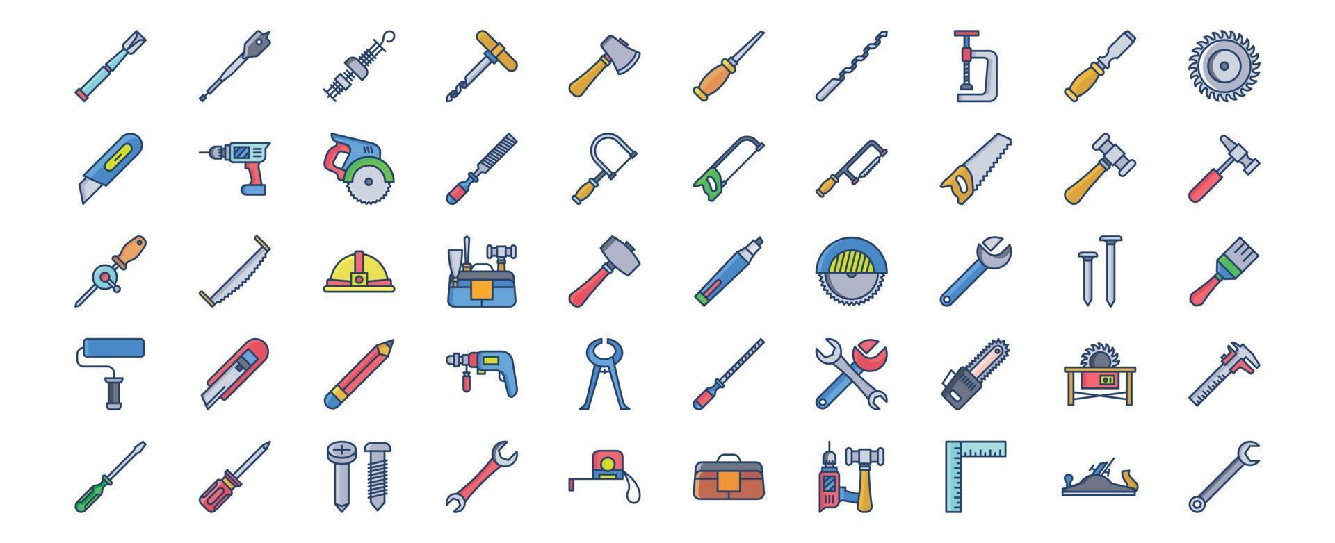 Collection of icons related to Carpentry tools, including icons like Bradawl, Axe, Drill, Circular Saw and more. vector illustrations, Pixel Perfect set