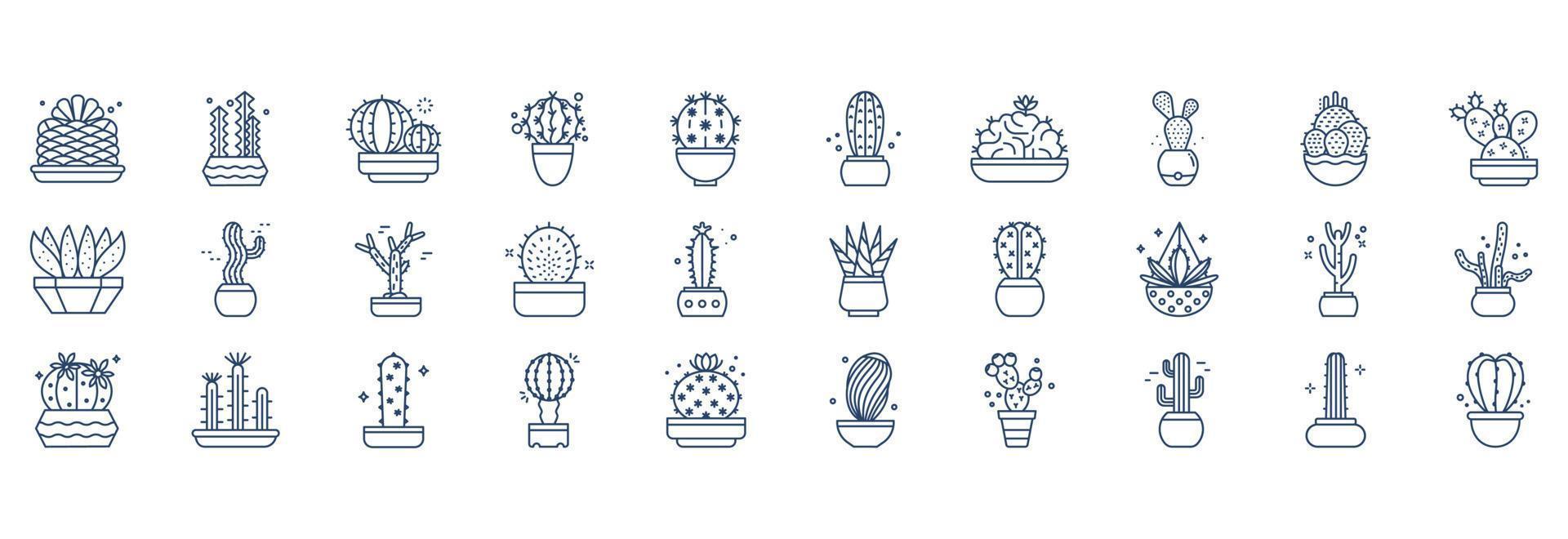 Collection of icons related to Cactus Plant, including icons like Tree, Blue Columnar, Dwarf Chin, Parodia and more. vector illustrations, Pixel Perfect set