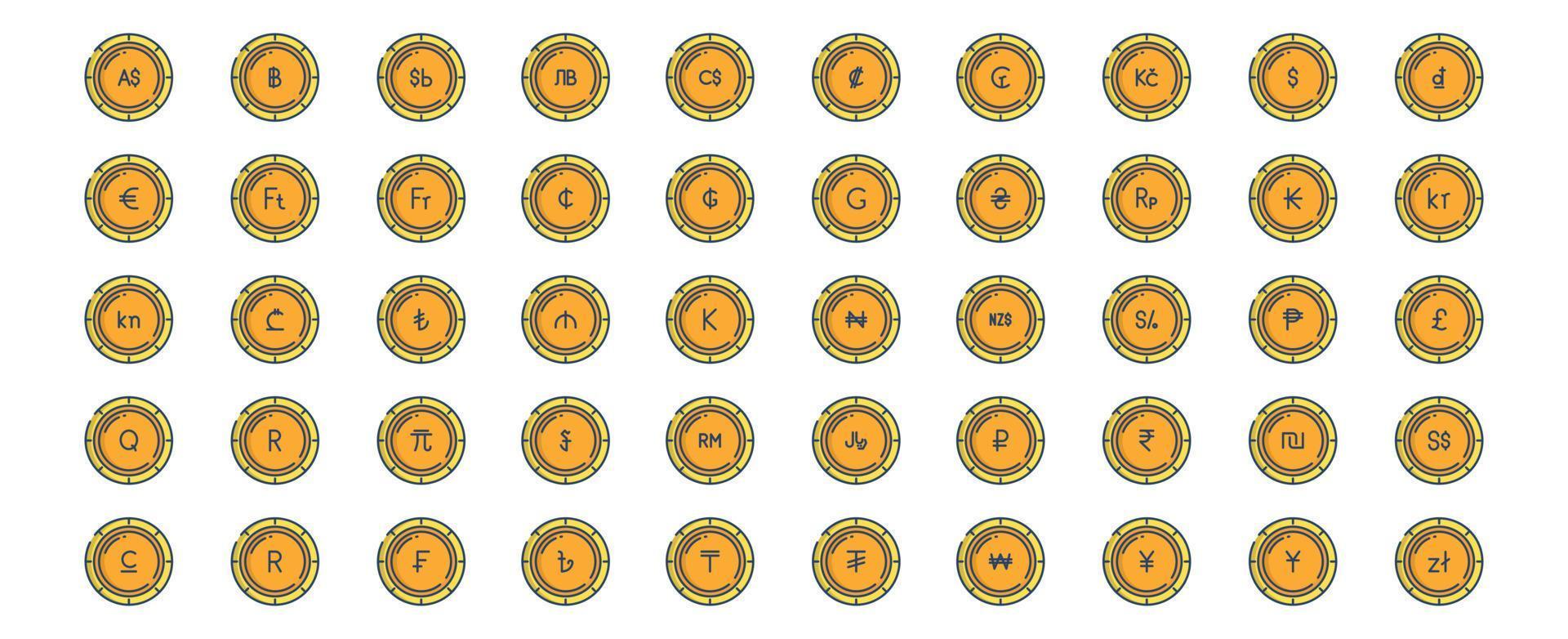 Collection of icons related to Currency coins, including icons like Dollar, Euro, Yen,  and more. vector illustrations, Pixel Perfect set