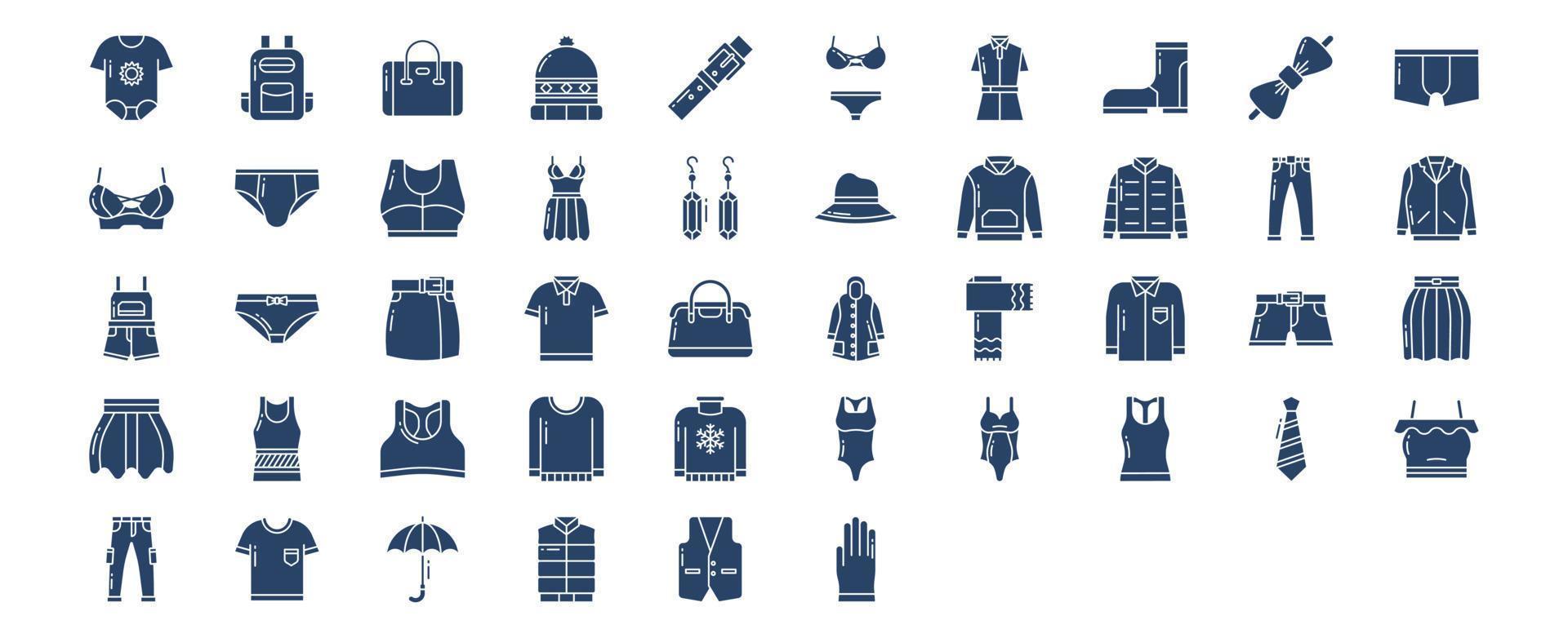 Collection of icons related to Fashion and clothes, including icons like Backpack, dress, Beanie, Bag and more. vector illustrations, Pixel Perfect set