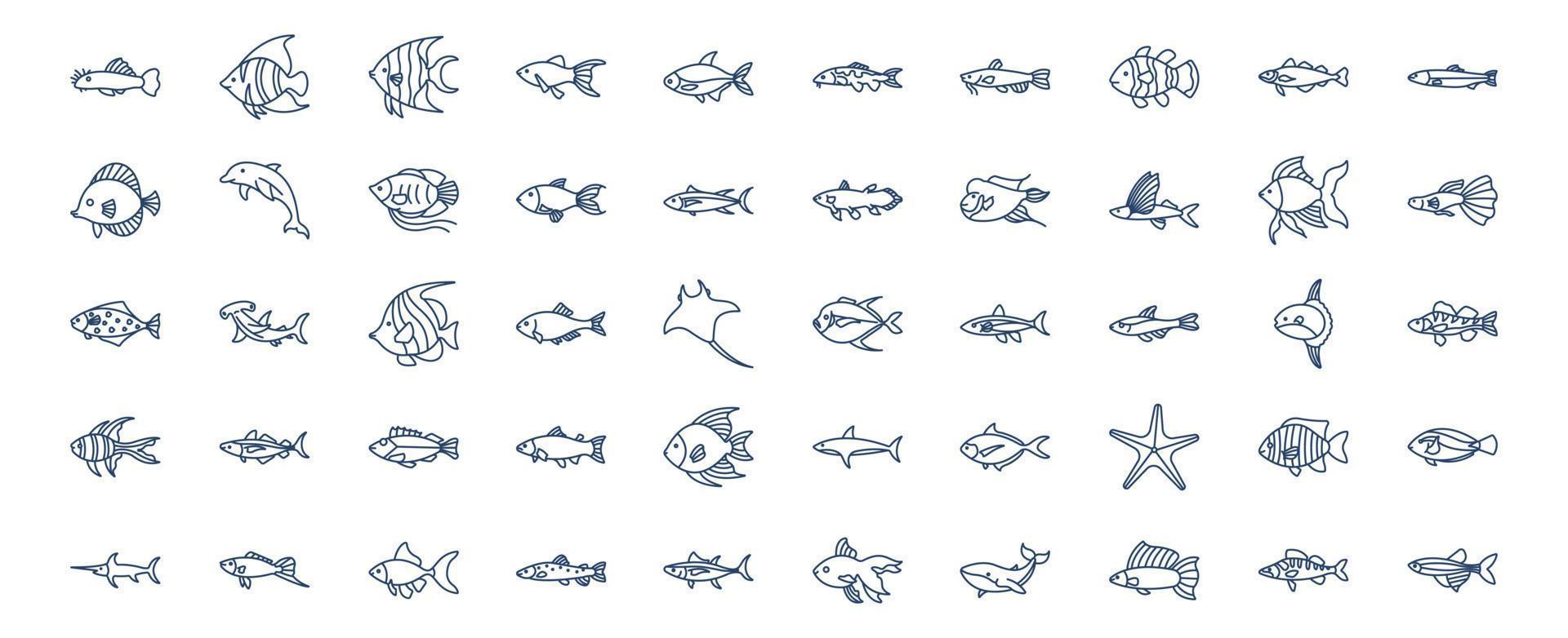 colección de íconos relacionados con los peces, incluidos íconos como delfines, estrellas de mar, ballenas, tiburones y más. ilustraciones vectoriales, conjunto perfecto de píxeles vector