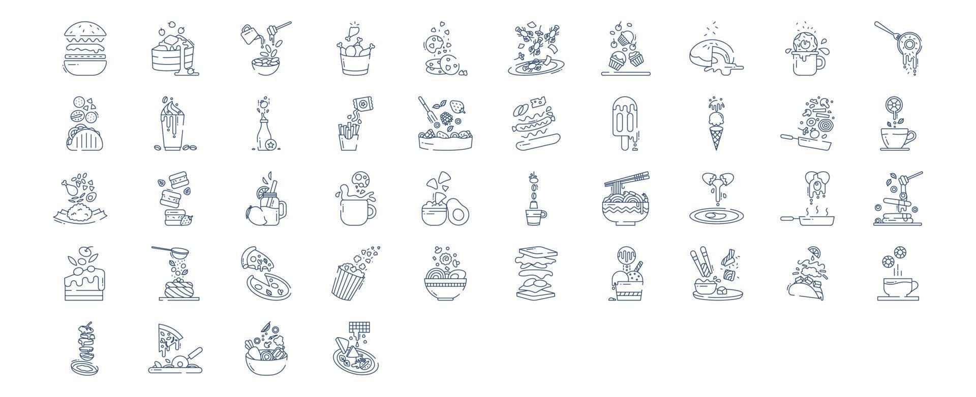 Collection of icons related to Food levitation, including icons like burger, cake, Donut, Noodle and more. vector illustrations, Pixel Perfect set