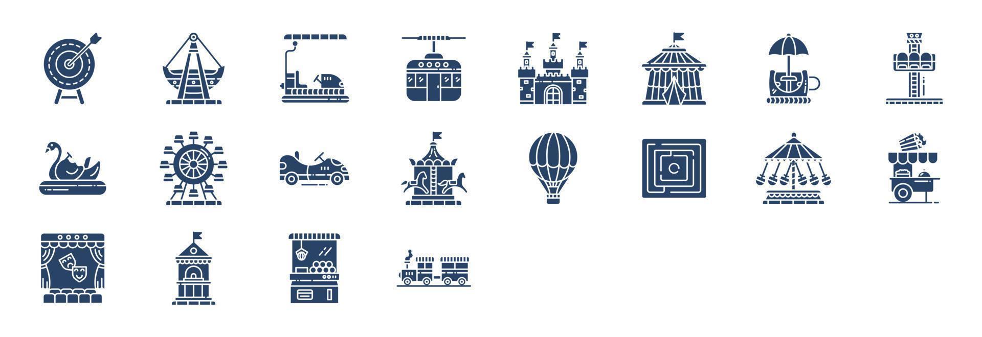 colección de íconos relacionados con el parque de diversiones y juegos, incluidos íconos como tiro con arco, bote, castillo y más. ilustraciones vectoriales, conjunto perfecto de píxeles vector