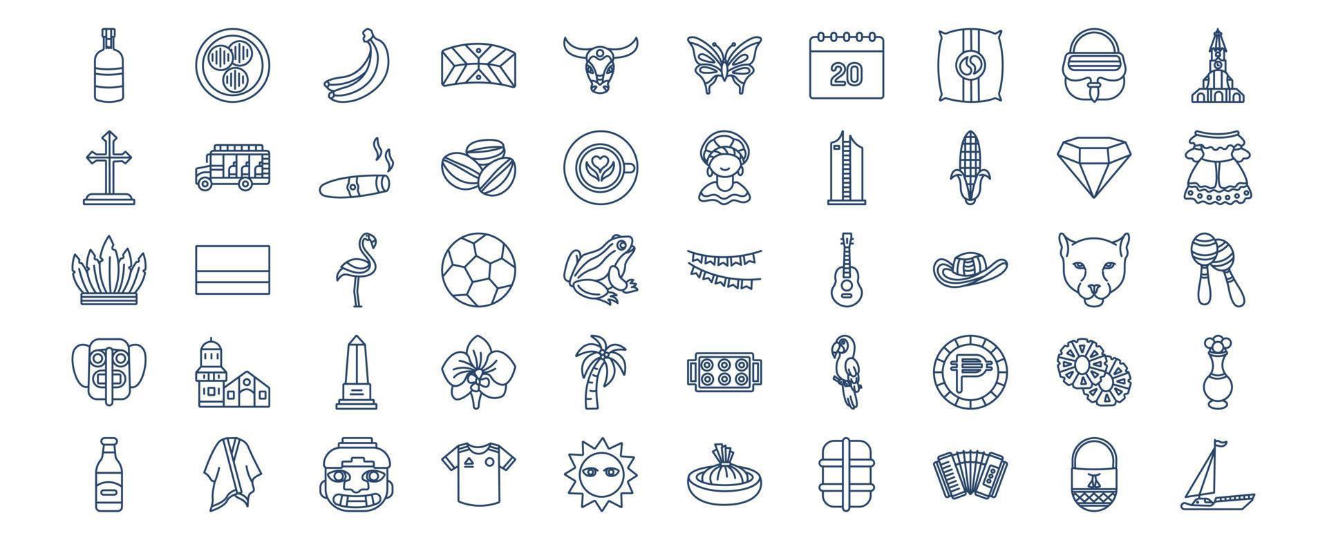 Collection of icons related to Colombia, including icons like Arepa, Cigar and more. vector illustrations, Pixel Perfect set