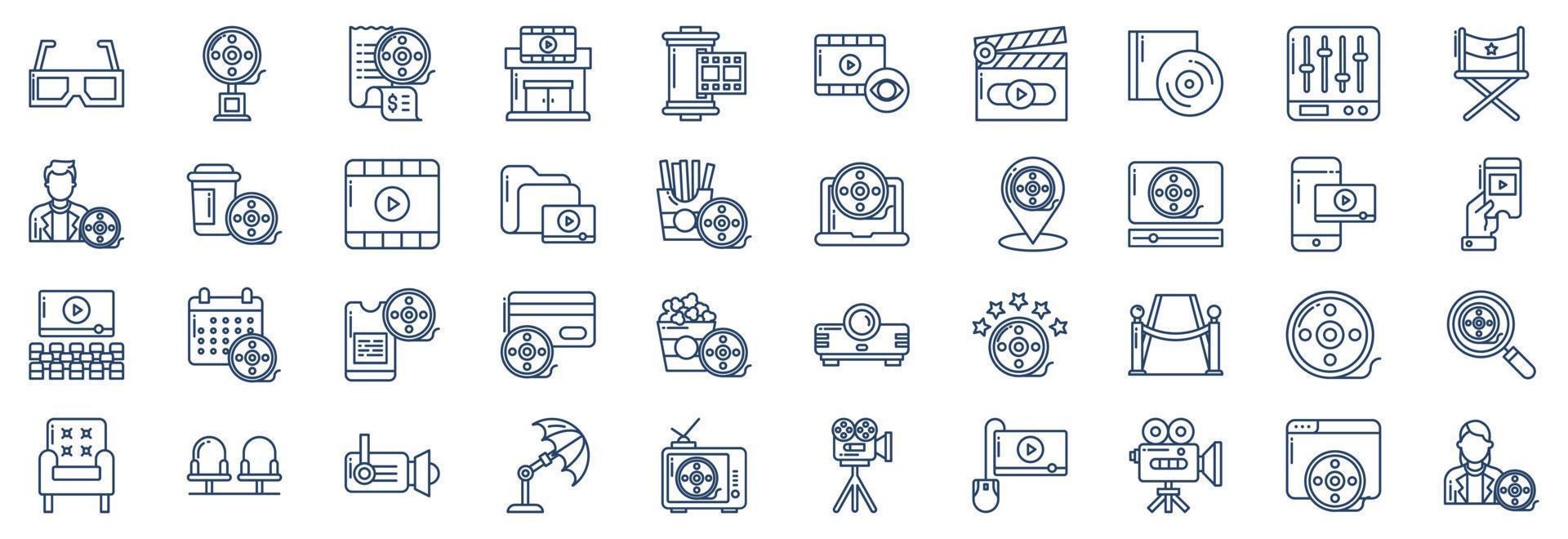 Collection of icons related to Cinema and movie theater, including icons like Award, Director, Film and more. vector illustrations, Pixel Perfect set