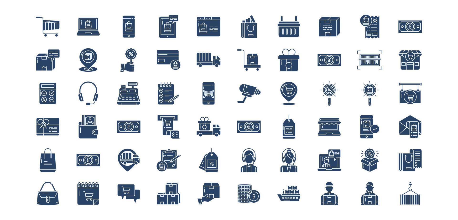 Collection of icons related to E-commerce, including icons like Cart, Bag, Shop, Online,  and more. vector illustrations, Pixel Perfect set