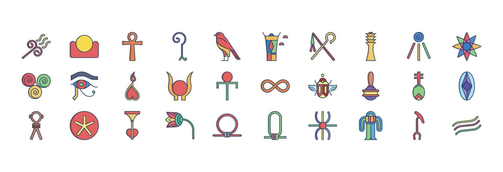 Collection of icons related to Egyptian symbols, including icons like Air, Fire, God and more. vector illustrations, Pixel Perfect set