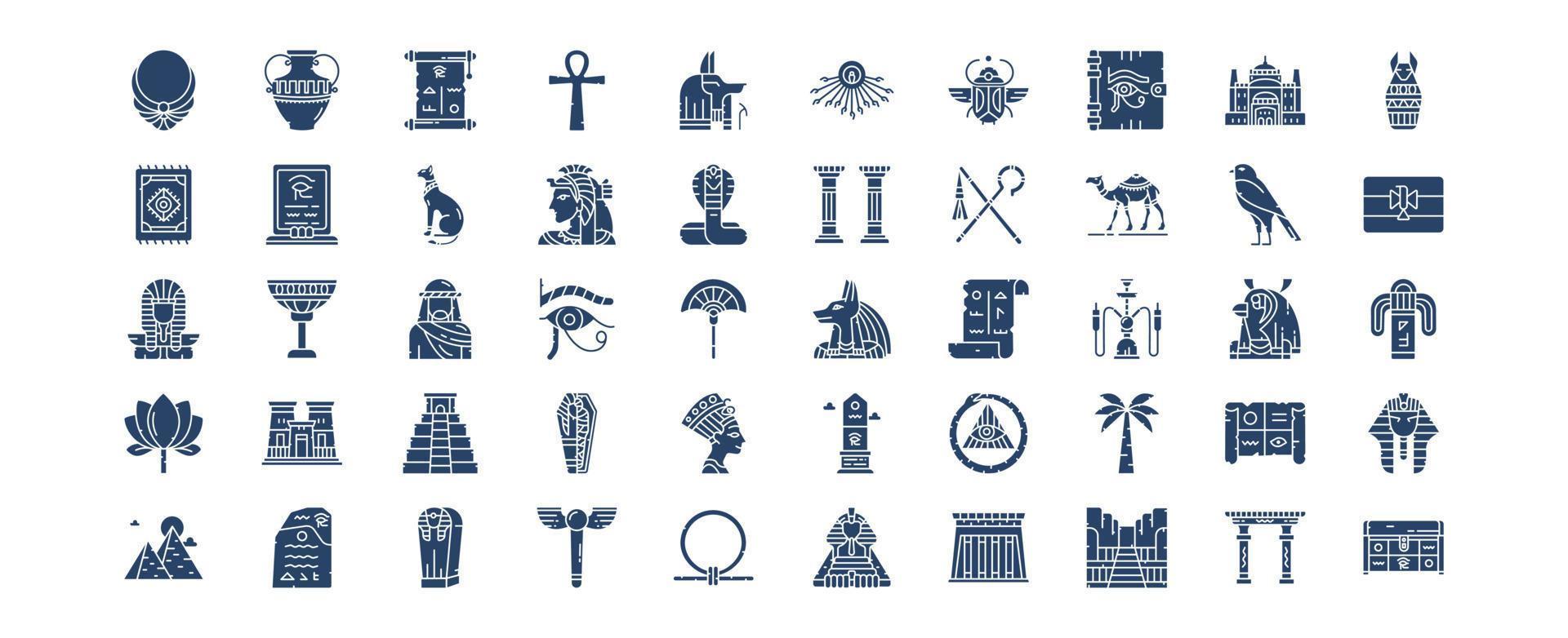 colección de íconos relacionados con Egipto, incluidos íconos como accesorios, momia, gato, águila y más. ilustraciones vectoriales, conjunto perfecto de píxeles vector