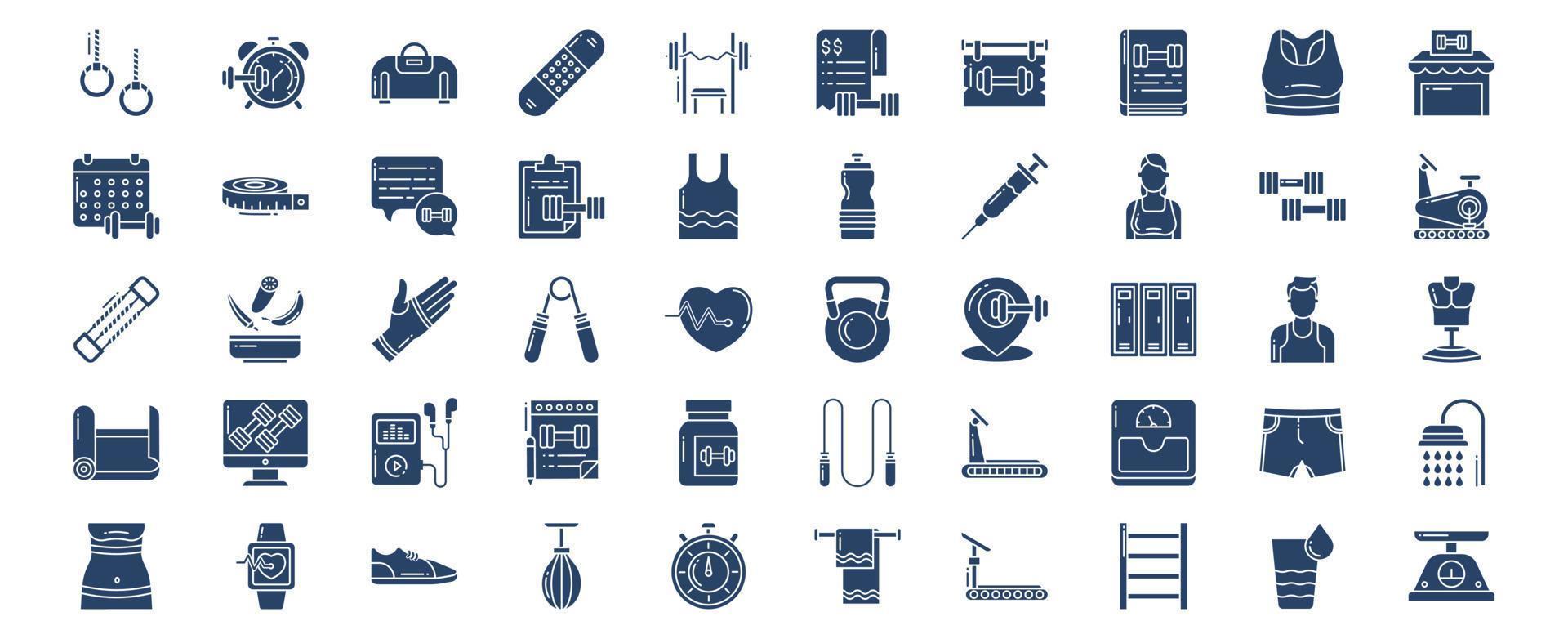 Collection of icons related to Fitness and gym, including icons like Alarm, Expander, Dumbbells and more. vector illustrations, Pixel Perfect set