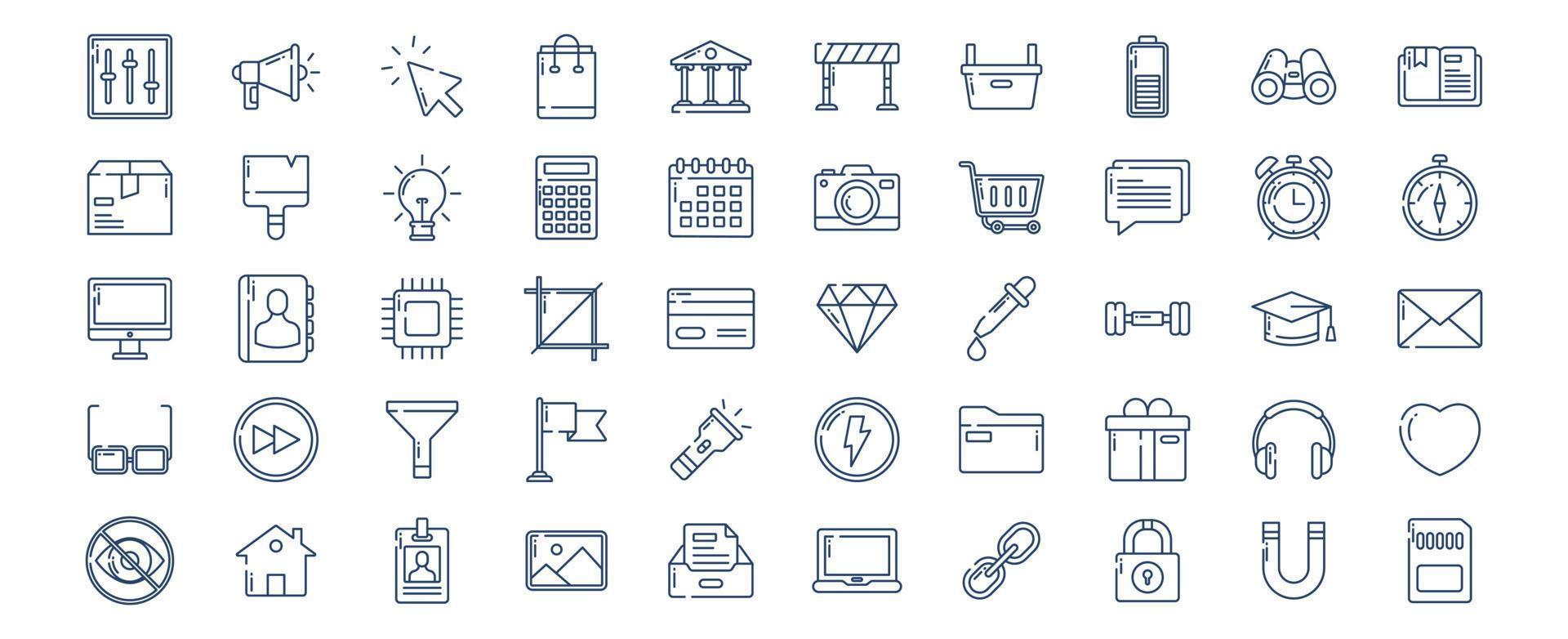 Collection of icons related to Ui and Interface essential, including icons like Announcement, Cart, Camera, Clock and more. vector illustrations, Pixel Perfect set