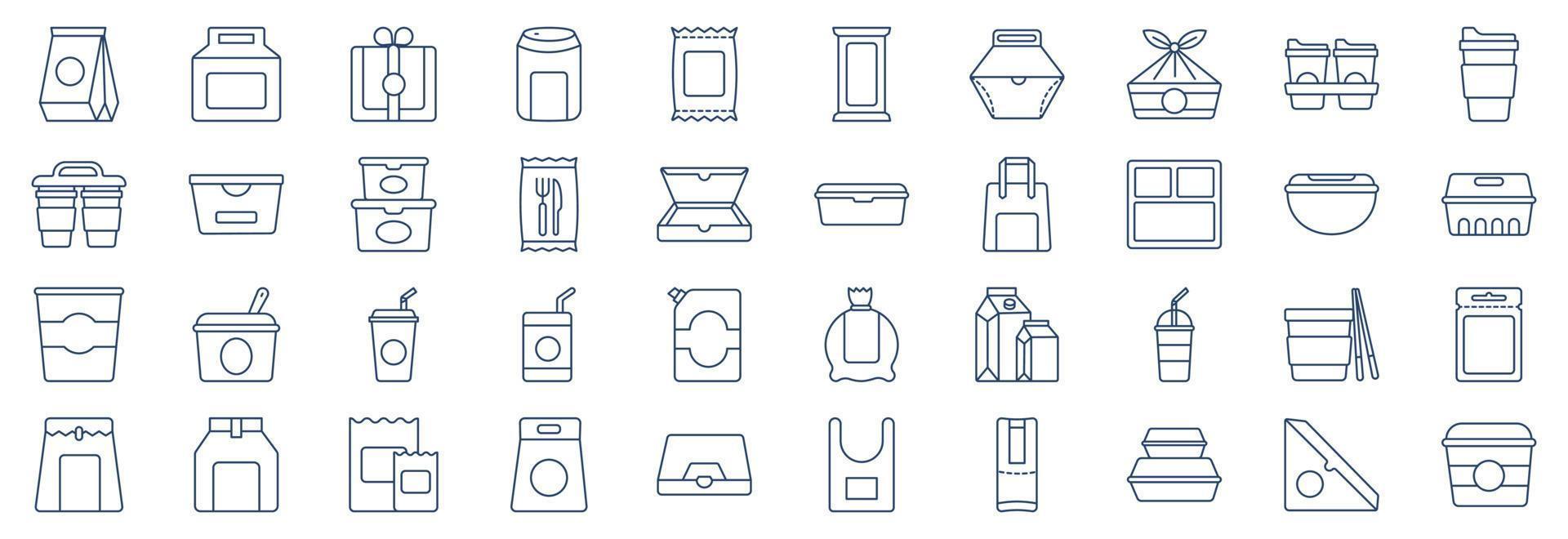 Collection of icons related to Food Packaging, including icons like Burger package, Bottle package, Chips Package and more. vector illustrations, Pixel Perfect set