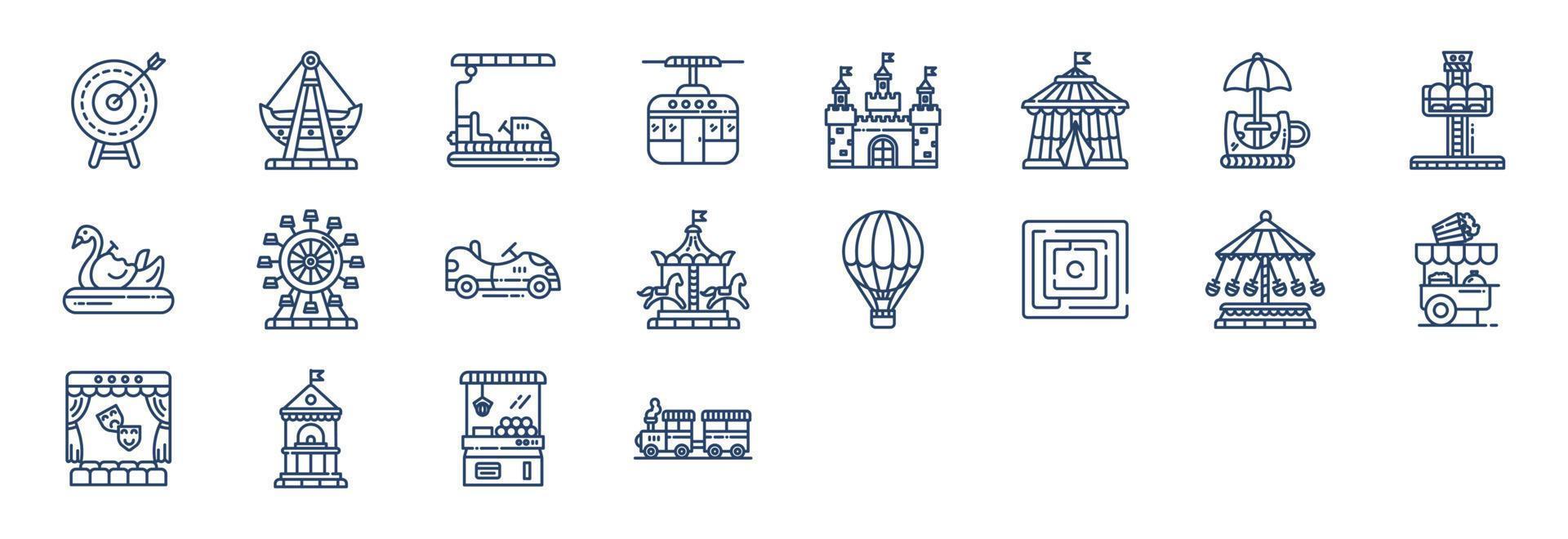 Collection of icons related to Amusement park and games, including icons like Archery, boat, Castle and more. vector illustrations, Pixel Perfect set