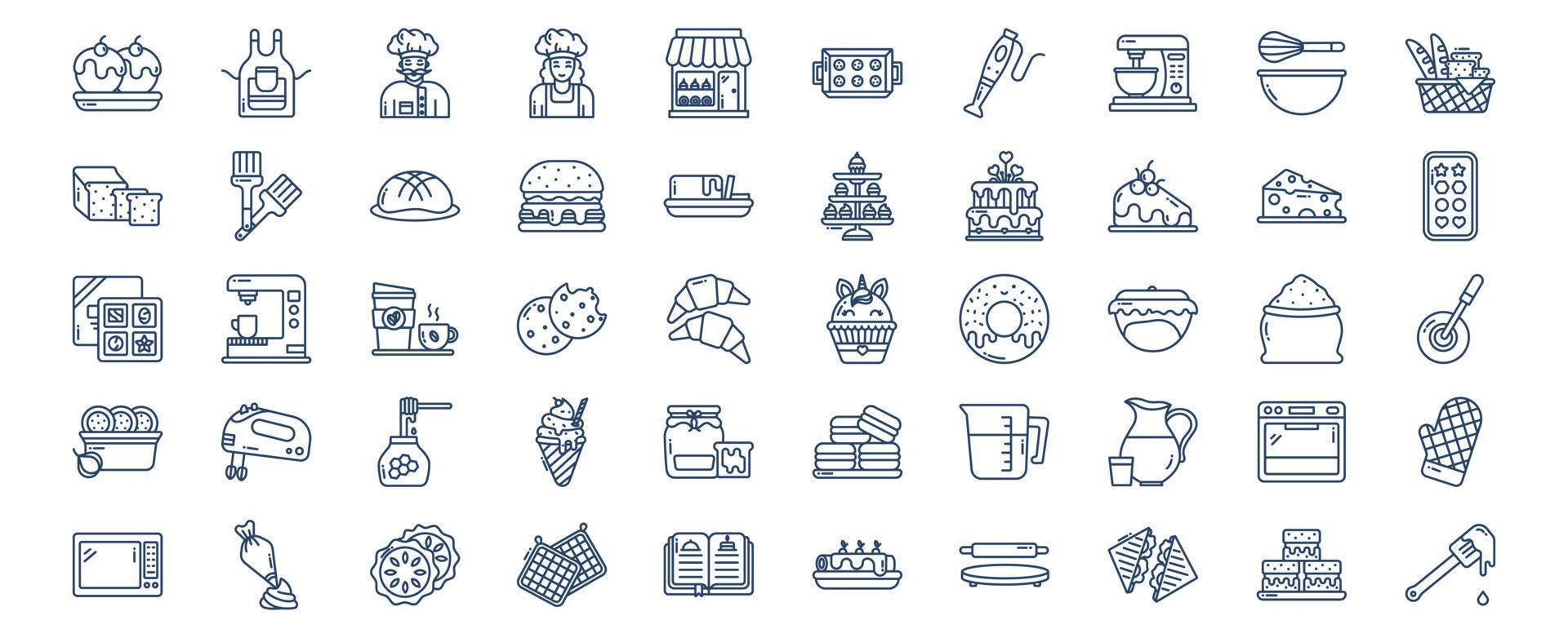Collection of icons related to Baking and Bakery, including icons like Cake, Apron, Baking tray and more. vector illustrations, Pixel Perfect set
