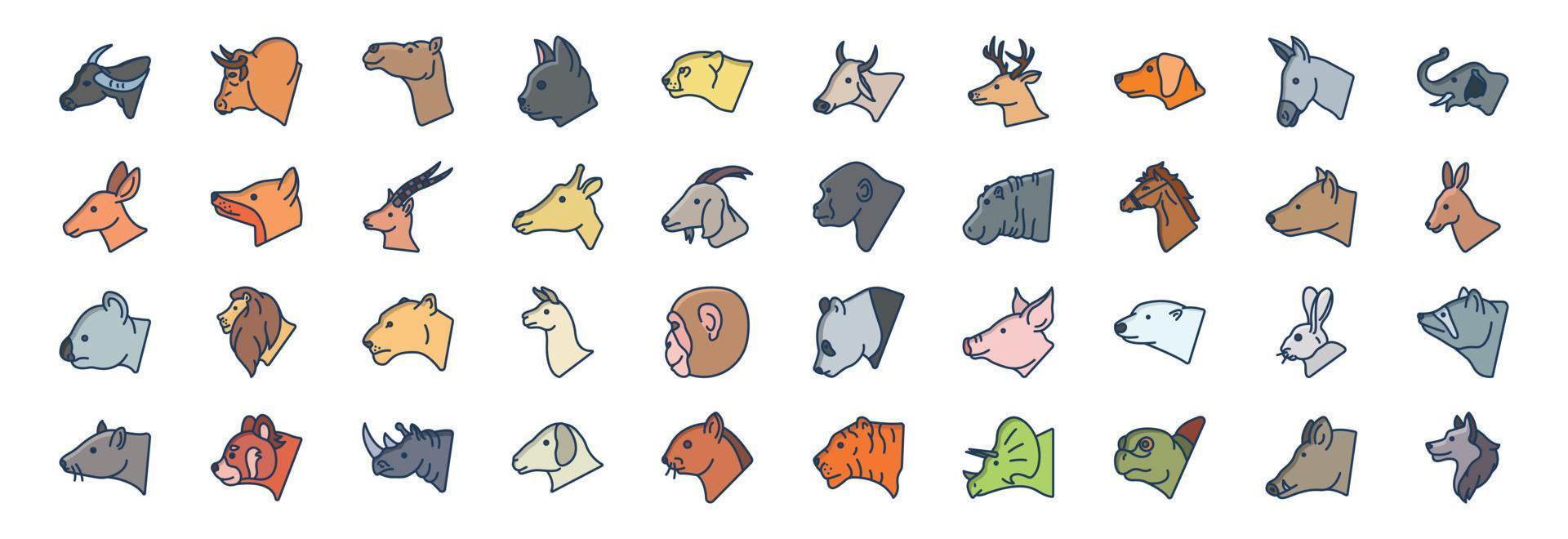 Collection of icons related to Animal Head, including icons like Bull, Cat, Panda, Lion and more. vector illustrations, Pixel Perfect set