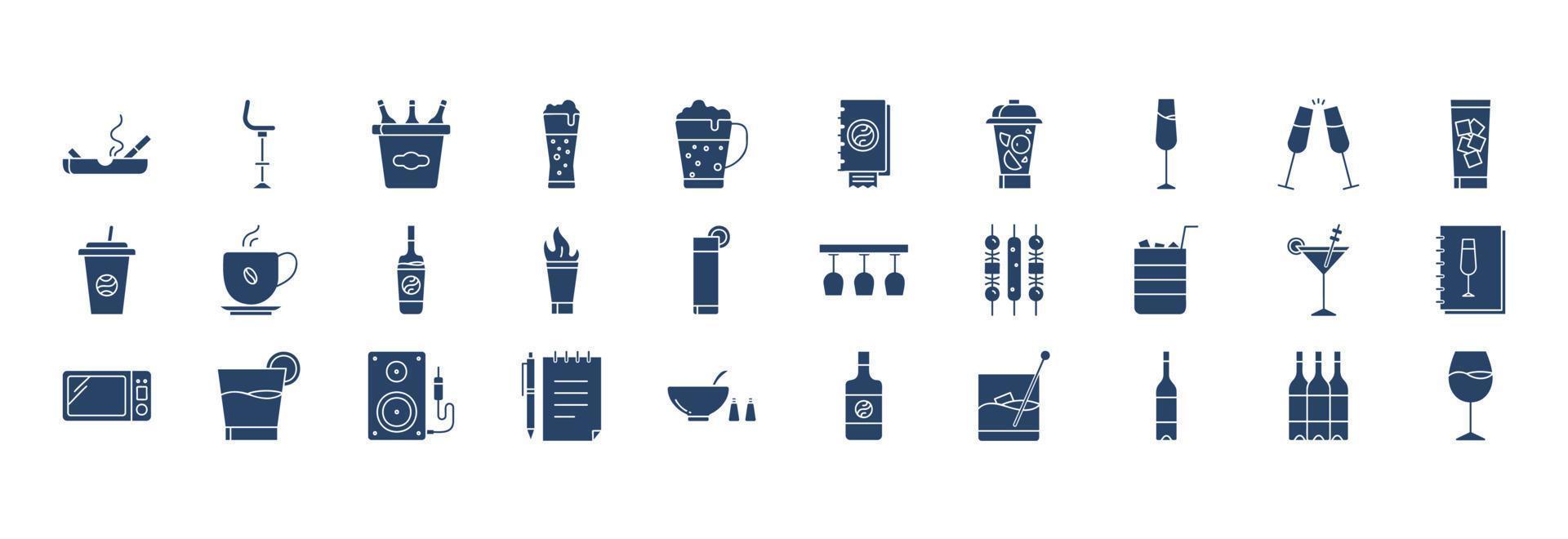 Collection of icons related to Bar and Cafe, including icons like Beer glass, Champagne, Cocktail and more. vector illustrations, Pixel Perfect set