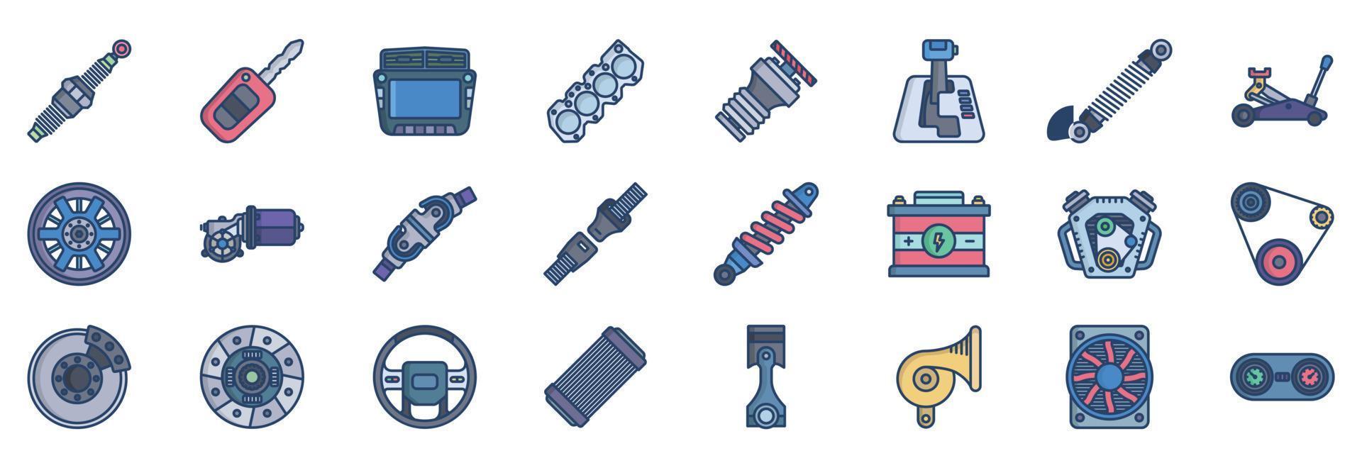 Collection of icons related to Car Equipments, including icons like Display, seat, car battery and more. vector illustrations, Pixel Perfect set