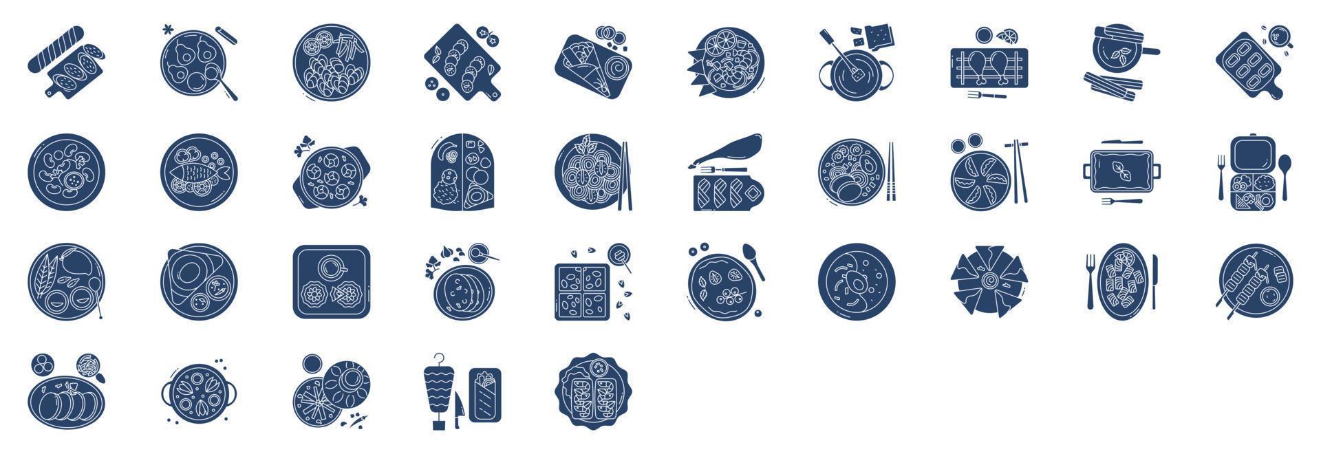 colección de íconos relacionados con la comida y la buena mesa, incluidos íconos como baguette, curry de arroz, plato de pescado y más. ilustraciones vectoriales, conjunto perfecto de píxeles vector