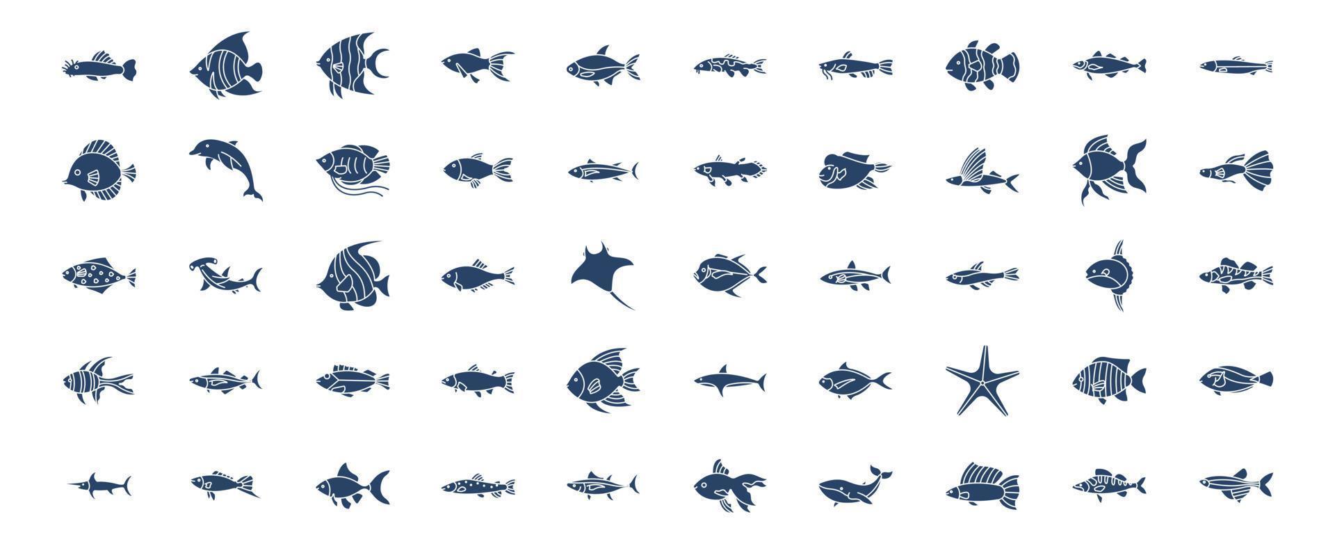 colección de íconos relacionados con los peces, incluidos íconos como delfines, estrellas de mar, ballenas, tiburones y más. ilustraciones vectoriales, conjunto perfecto de píxeles vector