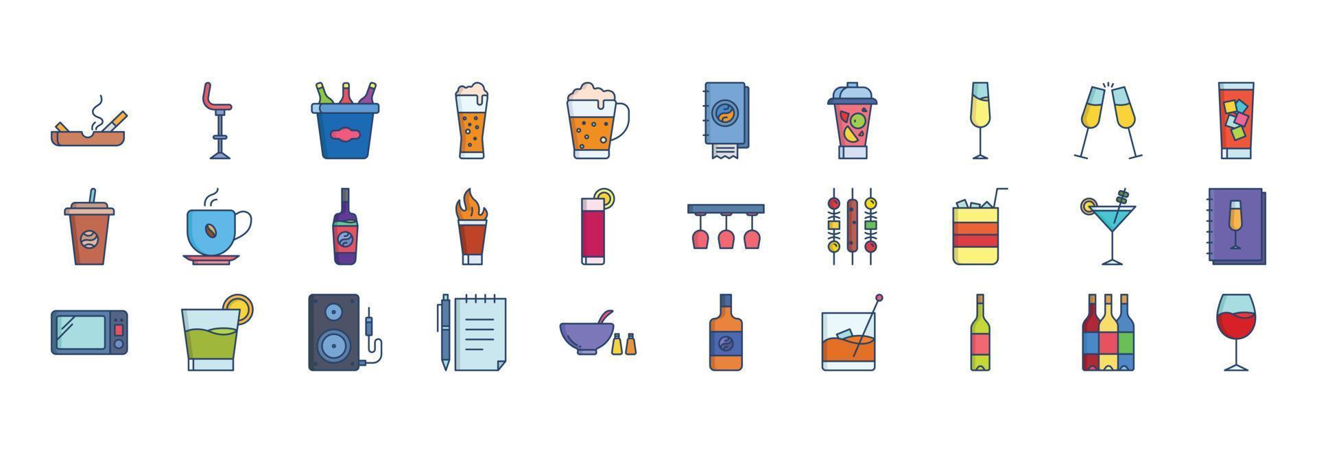 Collection of icons related to Bar and Cafe, including icons like Beer glass, Champagne, Cocktail and more. vector illustrations, Pixel Perfect set