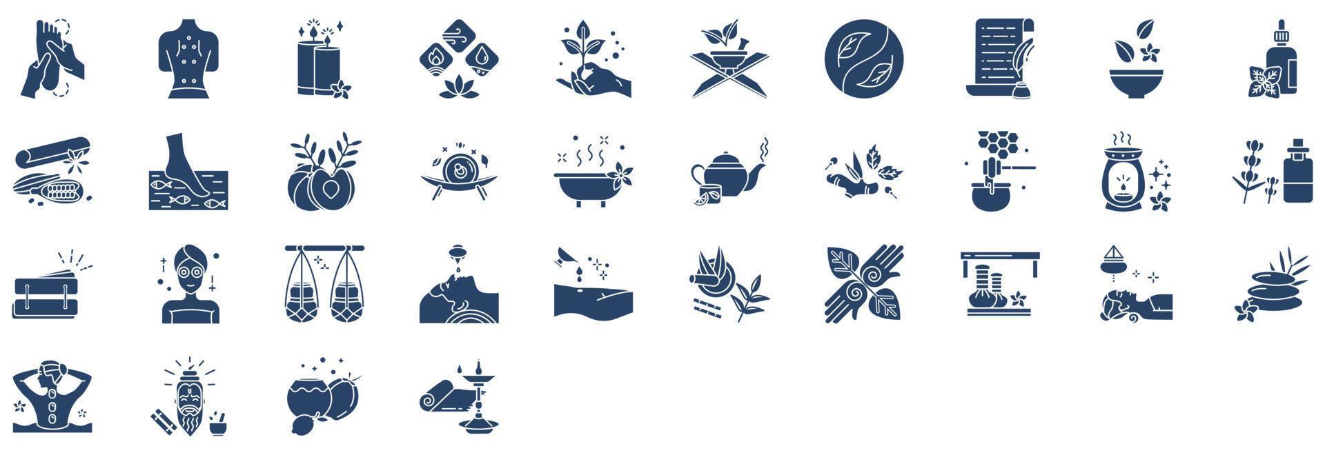 Collection of icons related to Ayurvedic and treatment, including icons like Fish spa, Massage, spa and more. vector illustrations, Pixel Perfect set