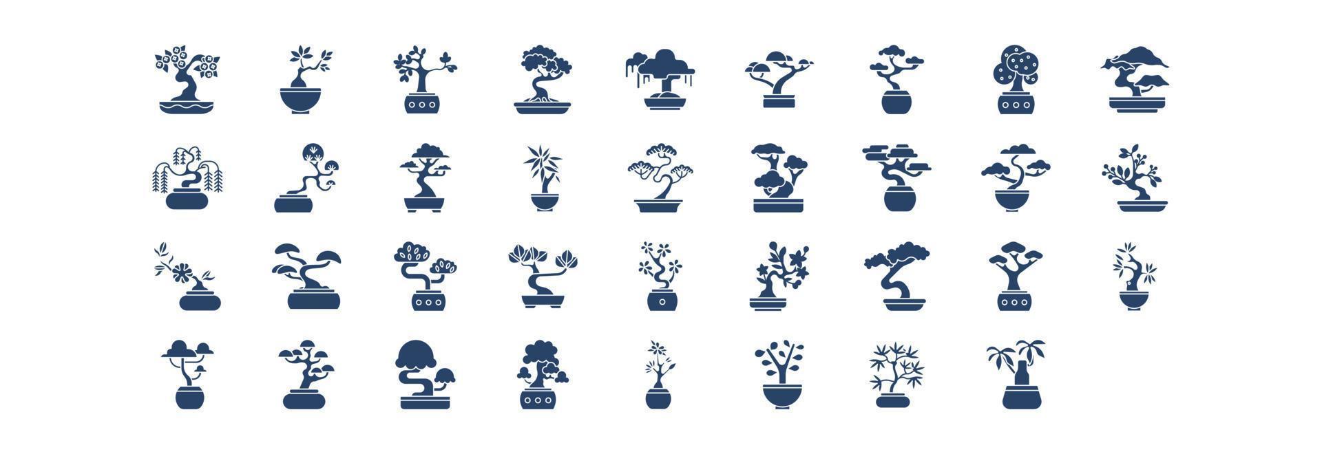 Collection of icons related to Bonsai Tree, including icons like Baobab, Jade,  and more. vector illustrations, Pixel Perfect set