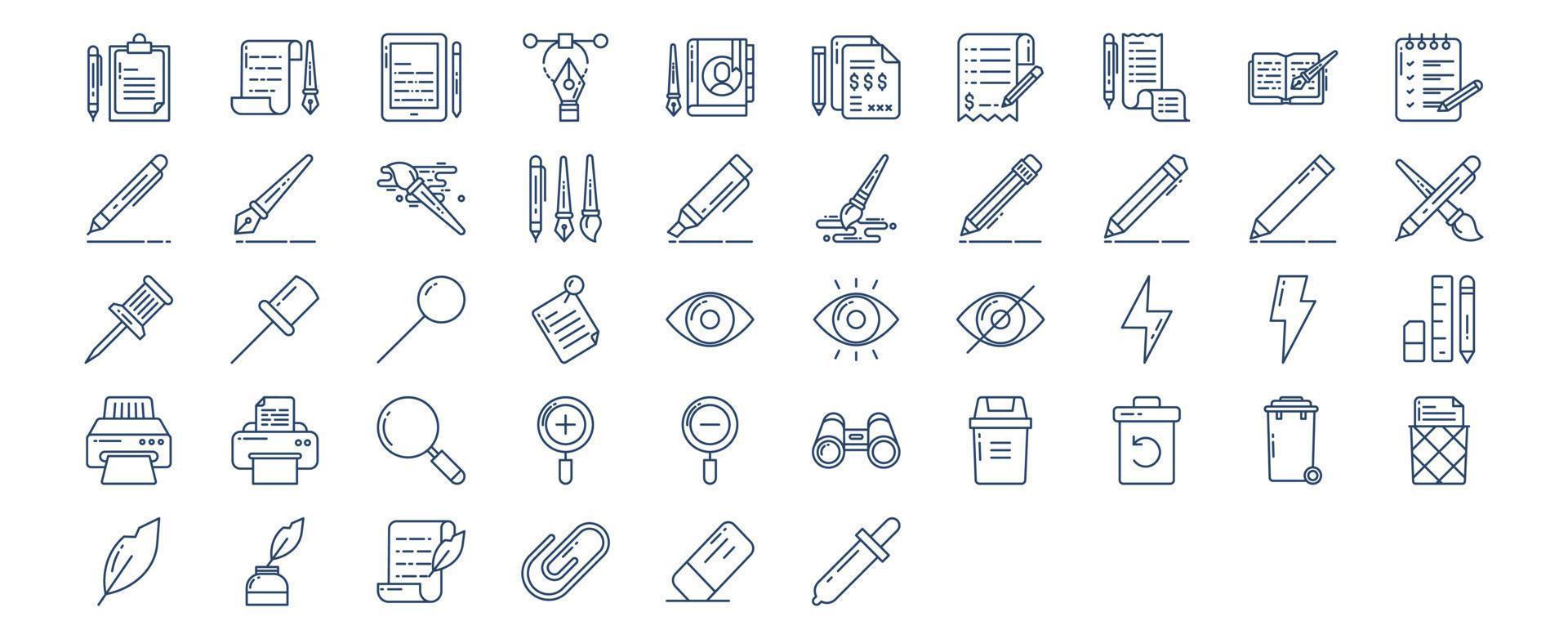 Collection of icons related to Content edition, including icons like Pencil, Brush, Pen, Document and more. vector illustrations, Pixel Perfect set