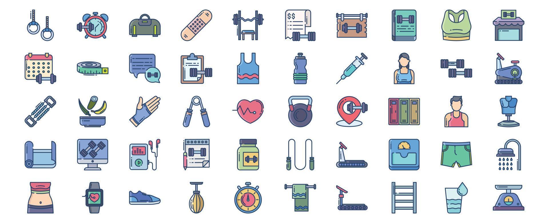 Collection of icons related to Fitness and gym, including icons like Alarm, Expander, Dumbbells and more. vector illustrations, Pixel Perfect set