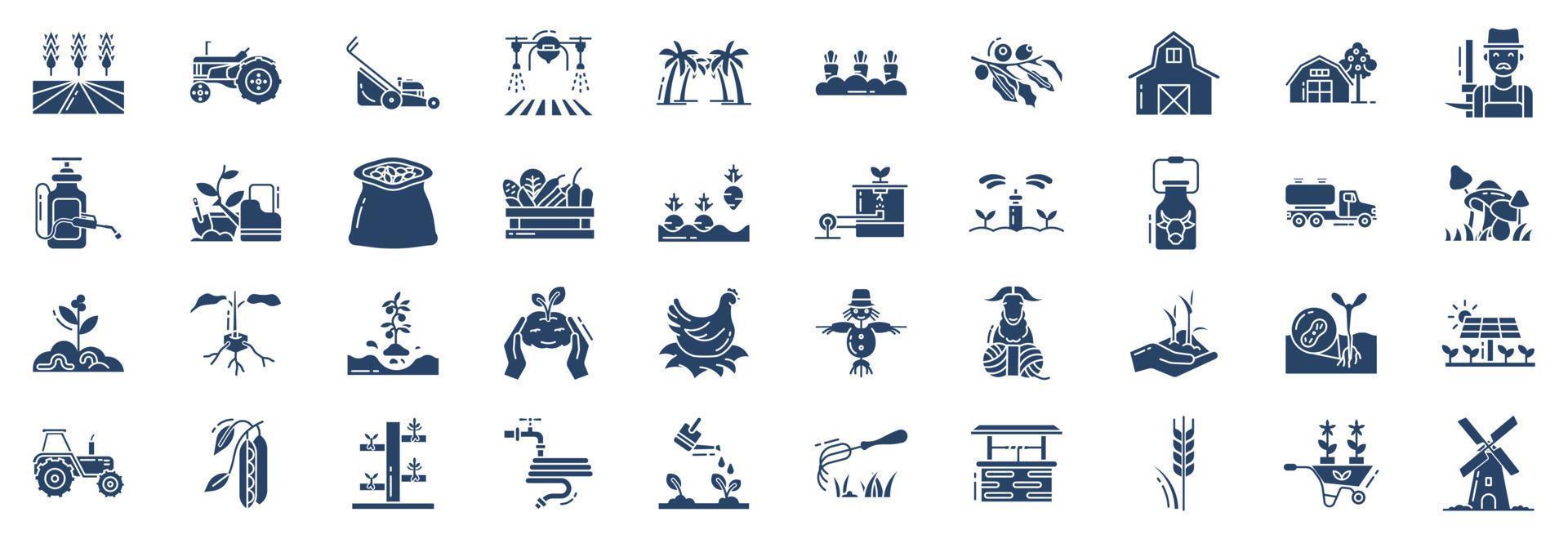 Collection of icons related to Farming and agriculture, including icons like field, carrot, Farmer and more. vector illustrations, Pixel Perfect set