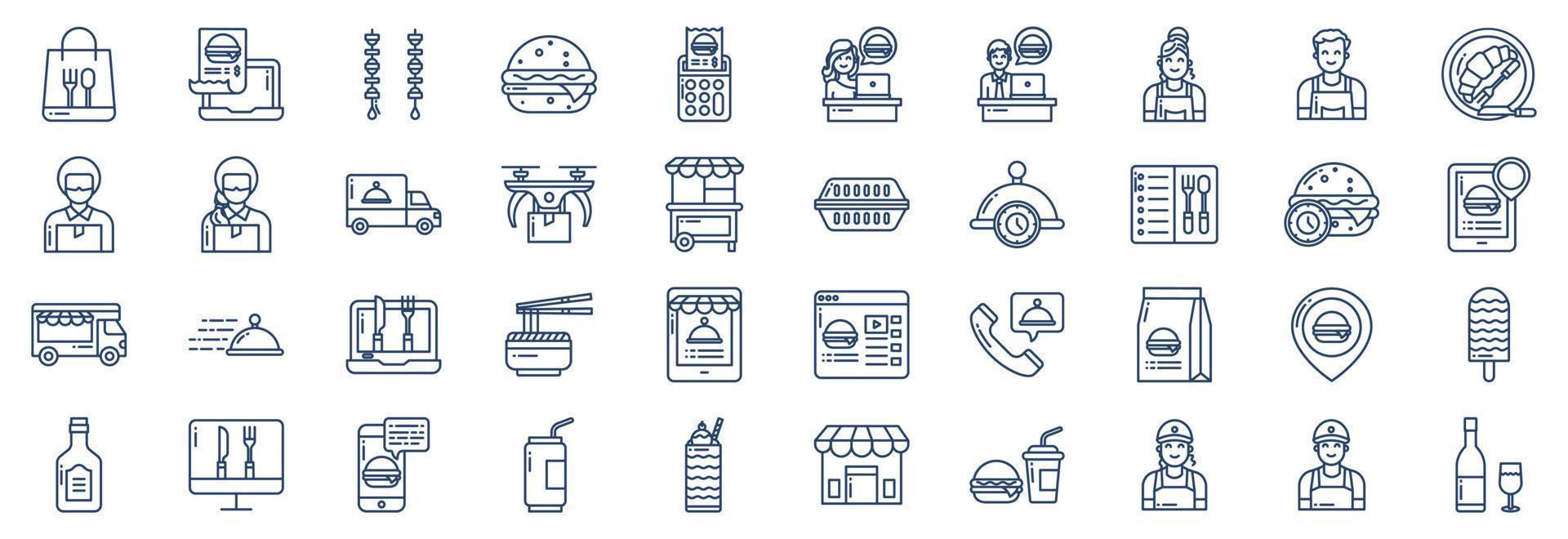 Collection of icons related to Food and Delivery, including icons like Burger, Noodles, chef and more. vector illustrations, Pixel Perfect set
