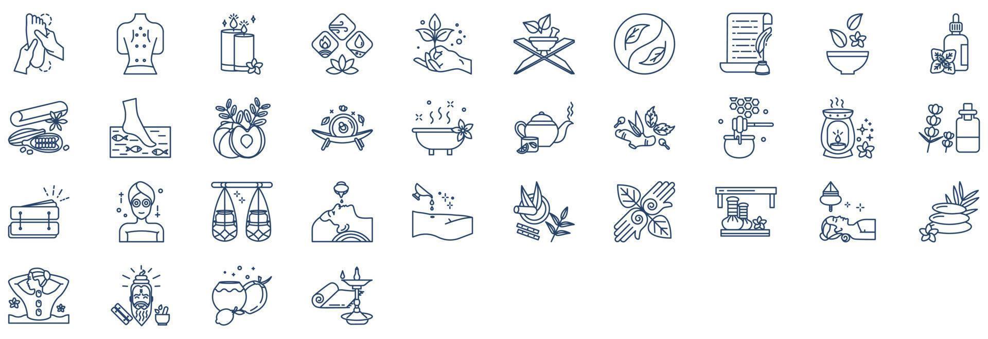 Collection of icons related to Ayurvedic and treatment, including icons like Fish spa, Massage, spa and more. vector illustrations, Pixel Perfect set