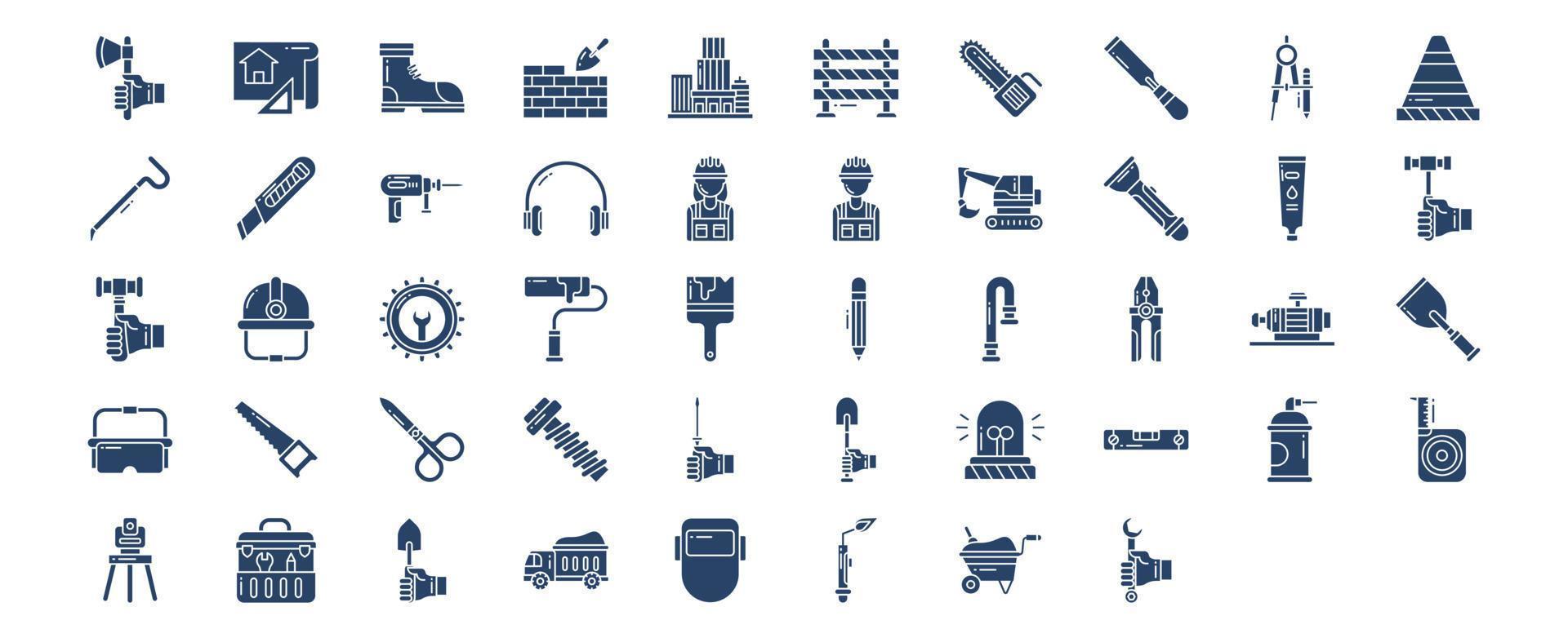 Collection of icons related to Construction tools, including icons like Axe, Blueprint, Brick, Building and more. vector illustrations, Pixel Perfect set