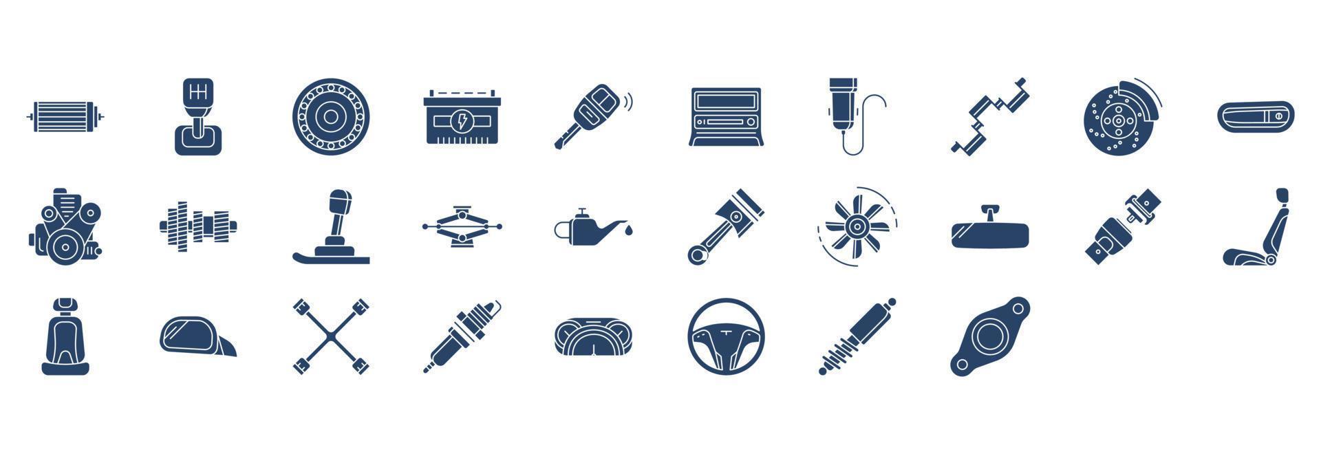 Collection of icons related to Car parts and automobile, including icons like Air filter, Baring, Car battery and more. vector illustrations, Pixel Perfect set