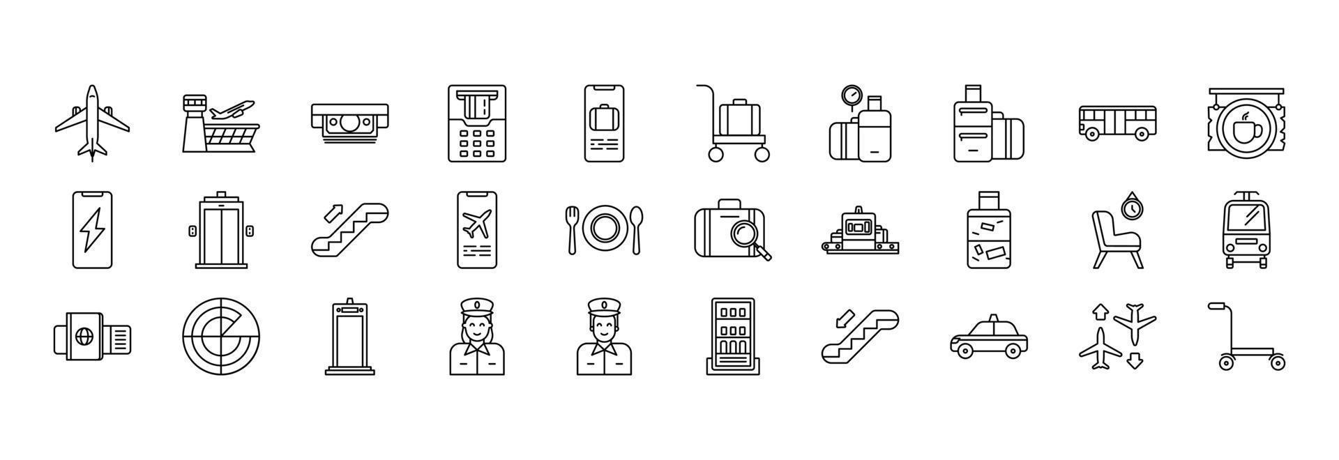 Collection of icons related to Airport and airline, including icons like Airplane, Baggage, Foodcourt, scanner and more. vector illustrations, Pixel Perfect set