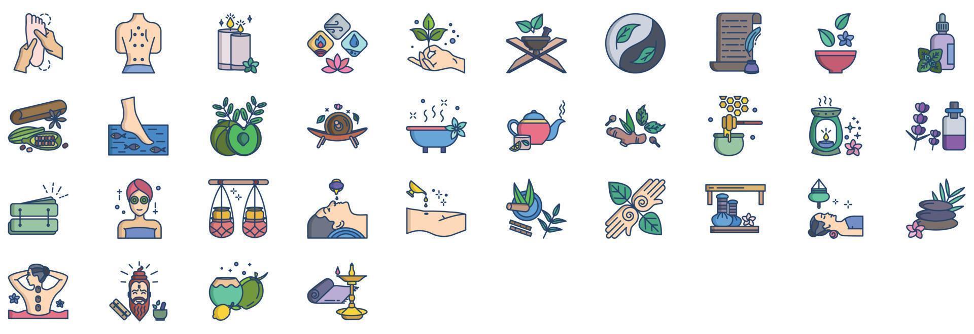 colección de íconos relacionados con la ayurveda y el tratamiento, incluidos íconos como spa de peces, masajes, spa y más. ilustraciones vectoriales, conjunto perfecto de píxeles vector